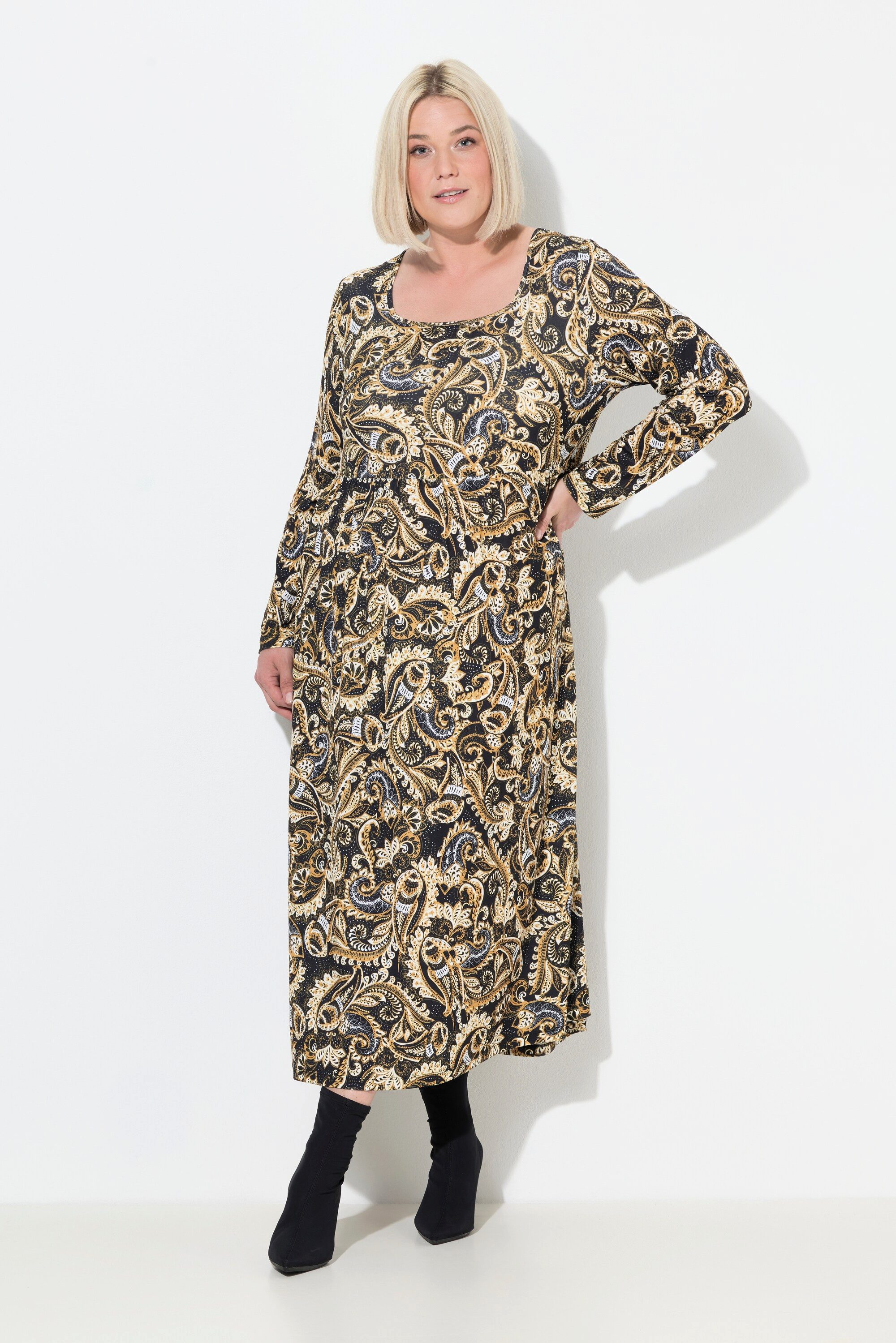 Ulla Popken Maxikleid Maxikleid Paisley A-Linie Carré-Ausschnitt Langarm