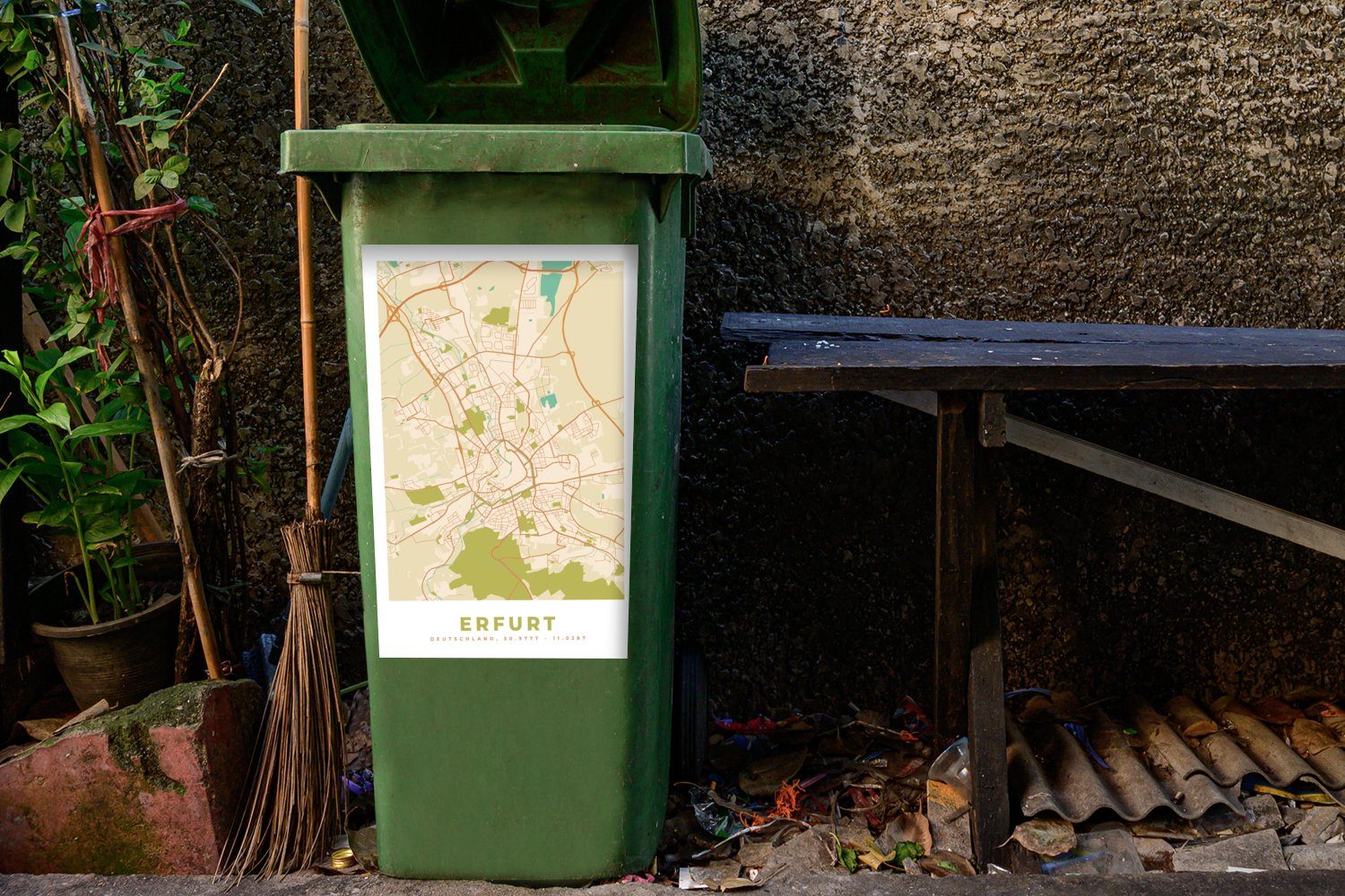Mülleimer-aufkleber, (1 Erfurt Karte Jahrgang Sticker, Wandsticker - Karte - St), - Abfalbehälter Container, MuchoWow Mülltonne,