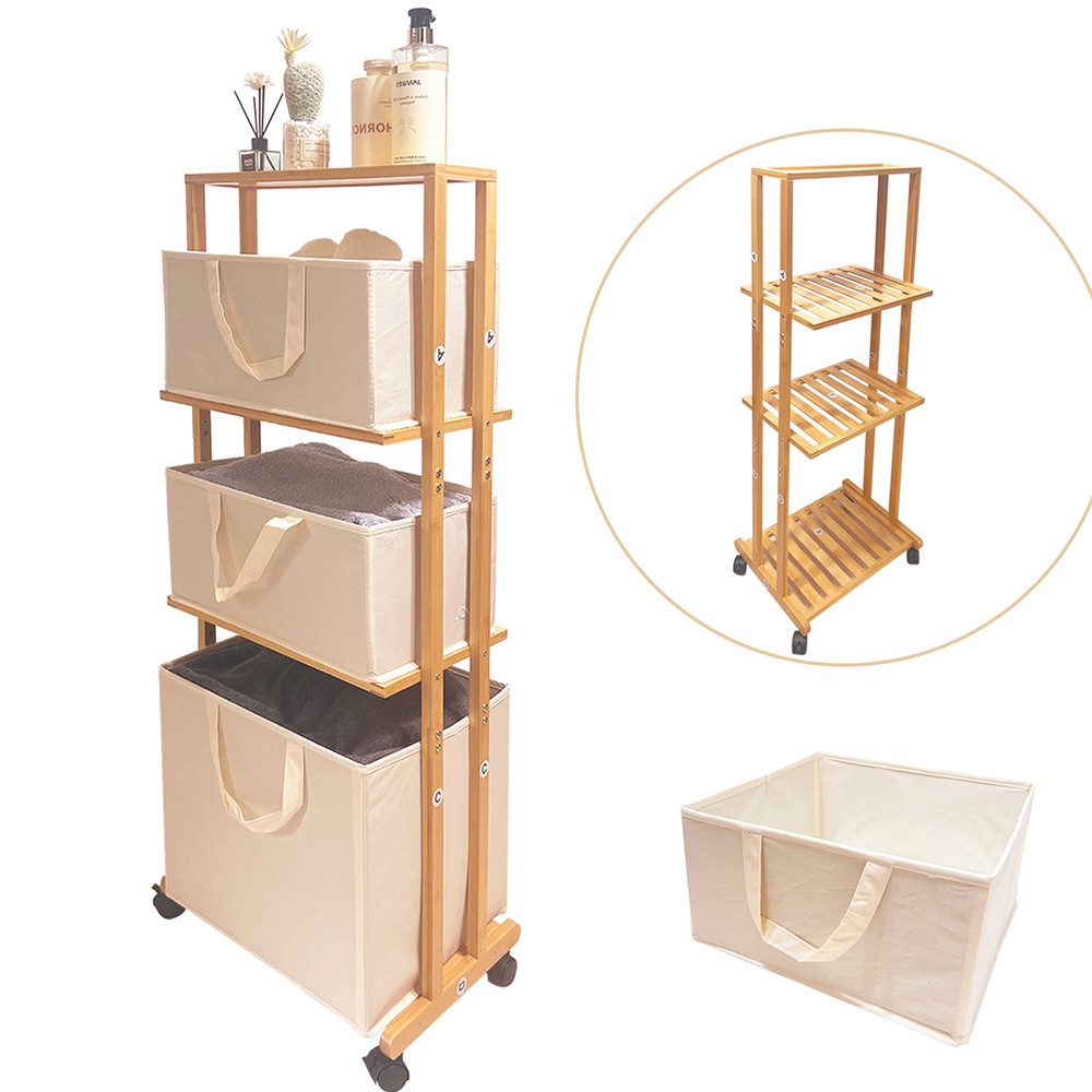 WAOHO Badregal Bambus-Lagerregal mit Rollen, 4 Ebenen mit 3abnehmbaren Wäsc günstig online kaufen