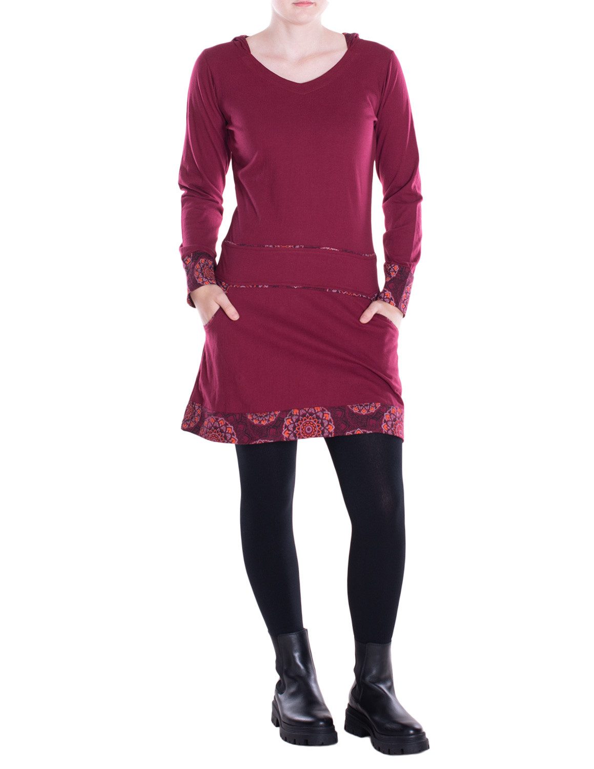 Vishes A-Linien-Kleid Damen Kleid Baumwolle Casual A-Linie V-Ausschnitt Langarm mit Taschen Alternative Bekleidung, Ethno, Hippie, Retro Style