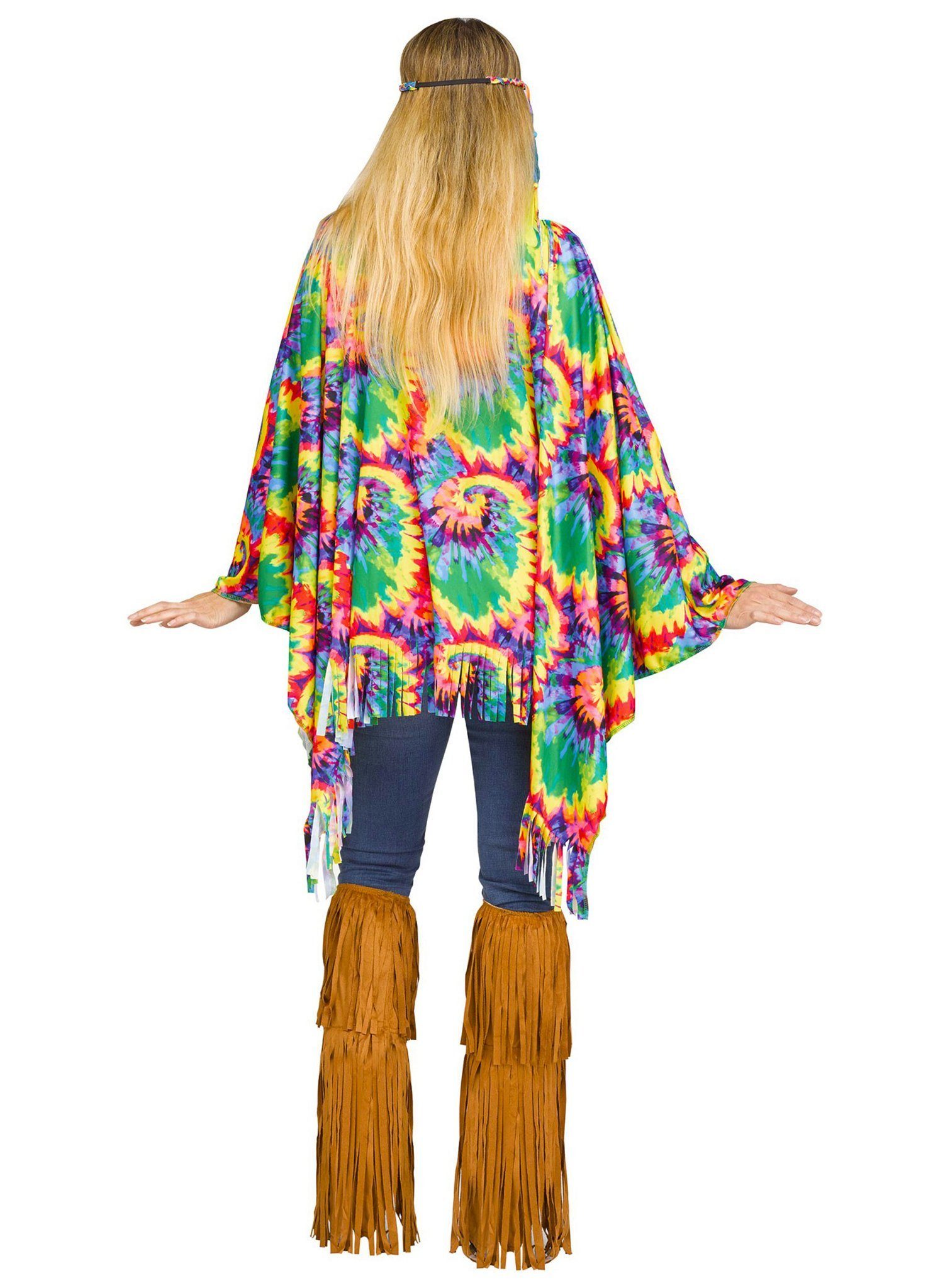 Fun World Hippie-Kostüm Hippie Batik Poncho Fasching Karnevalskostüm Damen, Weiter Poncho mit Fransen und psychedelischem Aufdruck