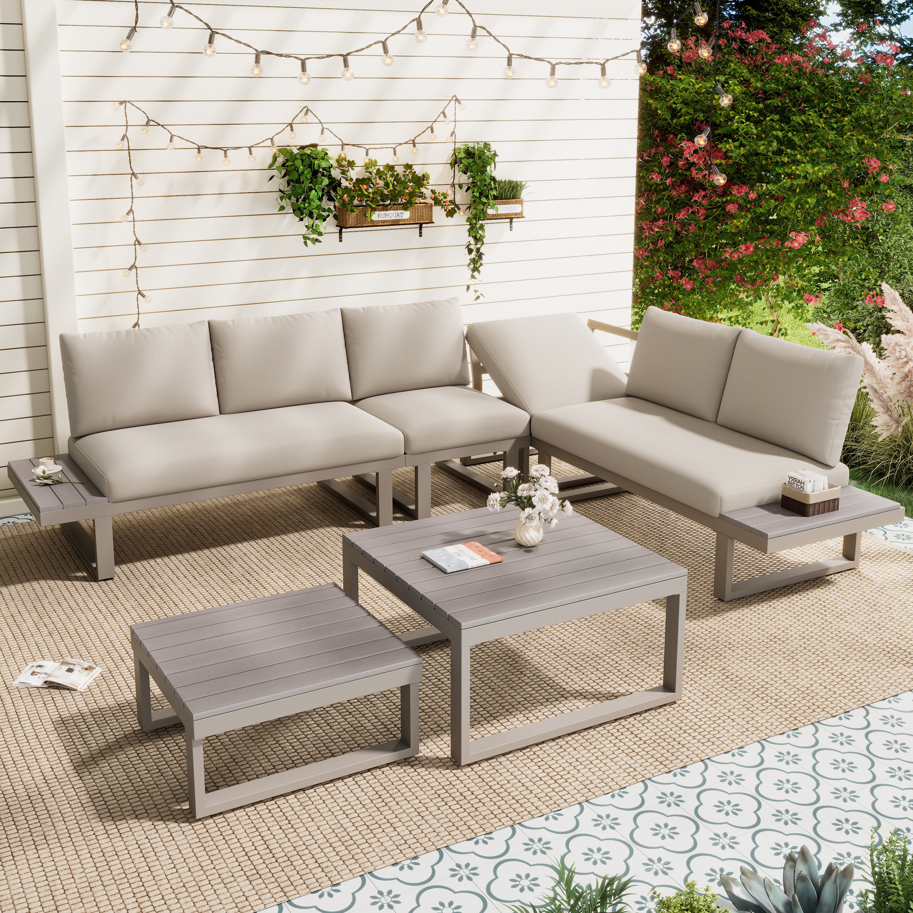 HAUSS SPOLE Gartenlounge-Set Mehrpersonen verstellbar modular,Gartenmöbel Outdoor Sitzgruppe Balkon, (Relaxsessel-Modulset für Außenbereiche mit flexibler Sitzkombination und integrierten Tisch- und Ablageelementen), Tischplatte aus Kunststoffholz