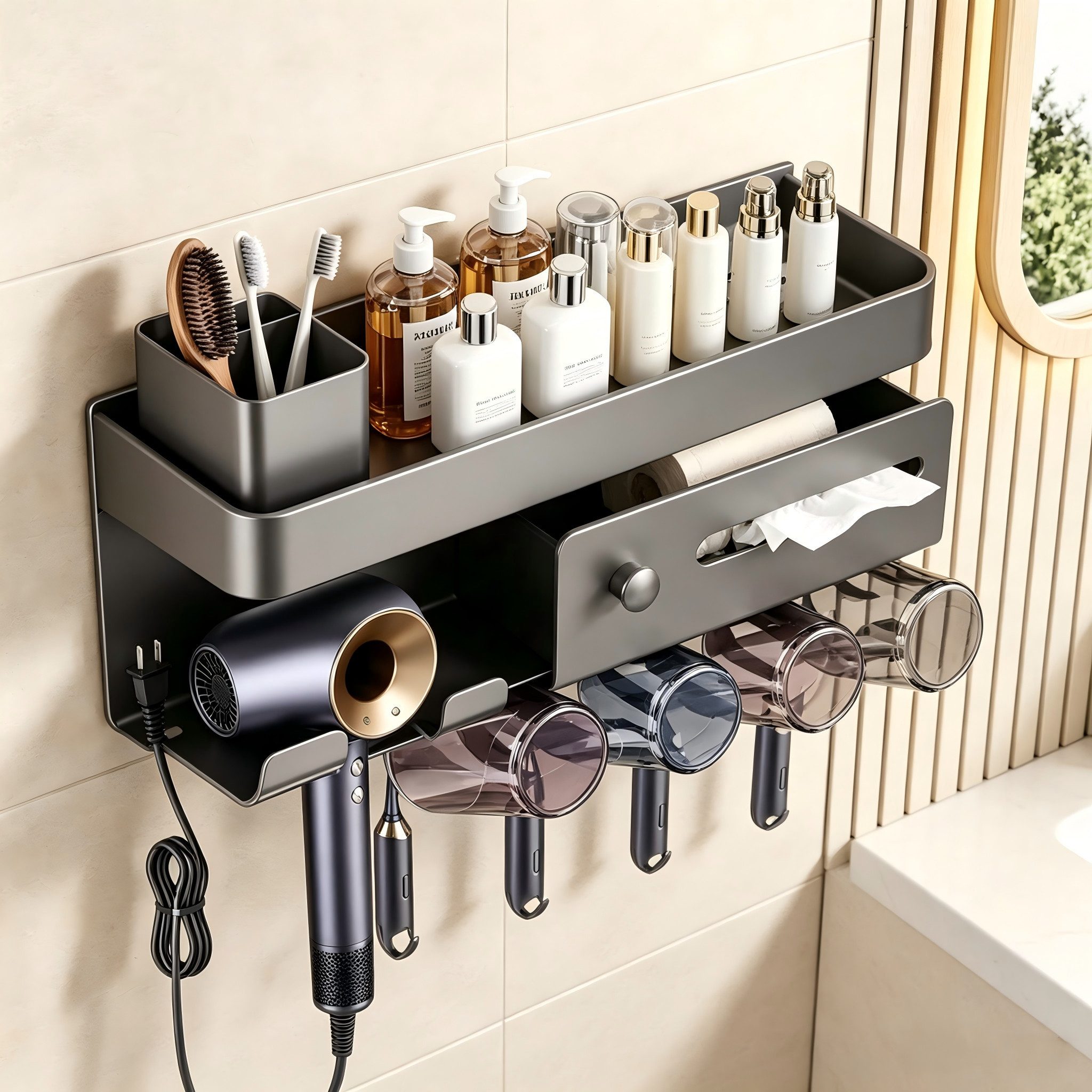 BlingBin Duschablage Metall Wandregal Badezimmer, Halter mit 4 Zahnbürstenbechern, 1er Set 1-tlg., für Föhn & elektrische Zahnbürsten am Waschbecken