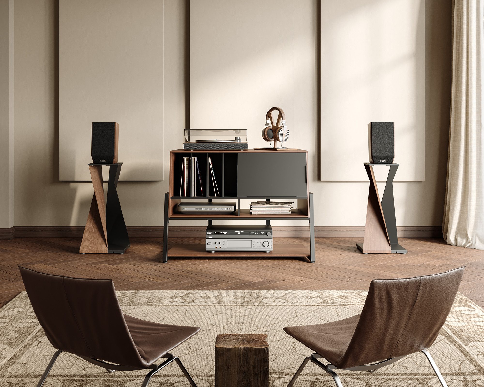 FITUEYES TV-Regal großes HIFI-Rack mit 4 Fächern, Platz für bis zu 120 Schallplatten, Vintage-Look