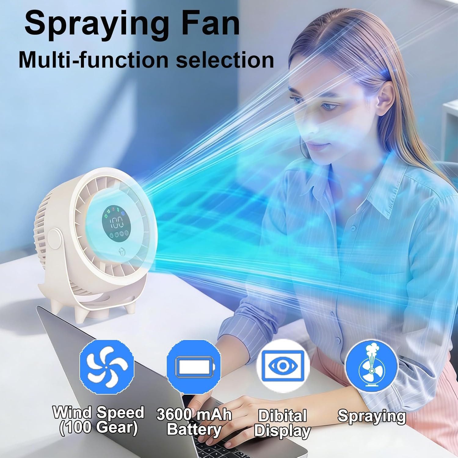 MOPUEA Tischventilator Turbo Tischventilator Mit Sprühnebel 100 Windstufen Akku Ventilator, Leise USB Luftzirkulator Mit LED Anzeige Für Büro Schlafzimmer Camping