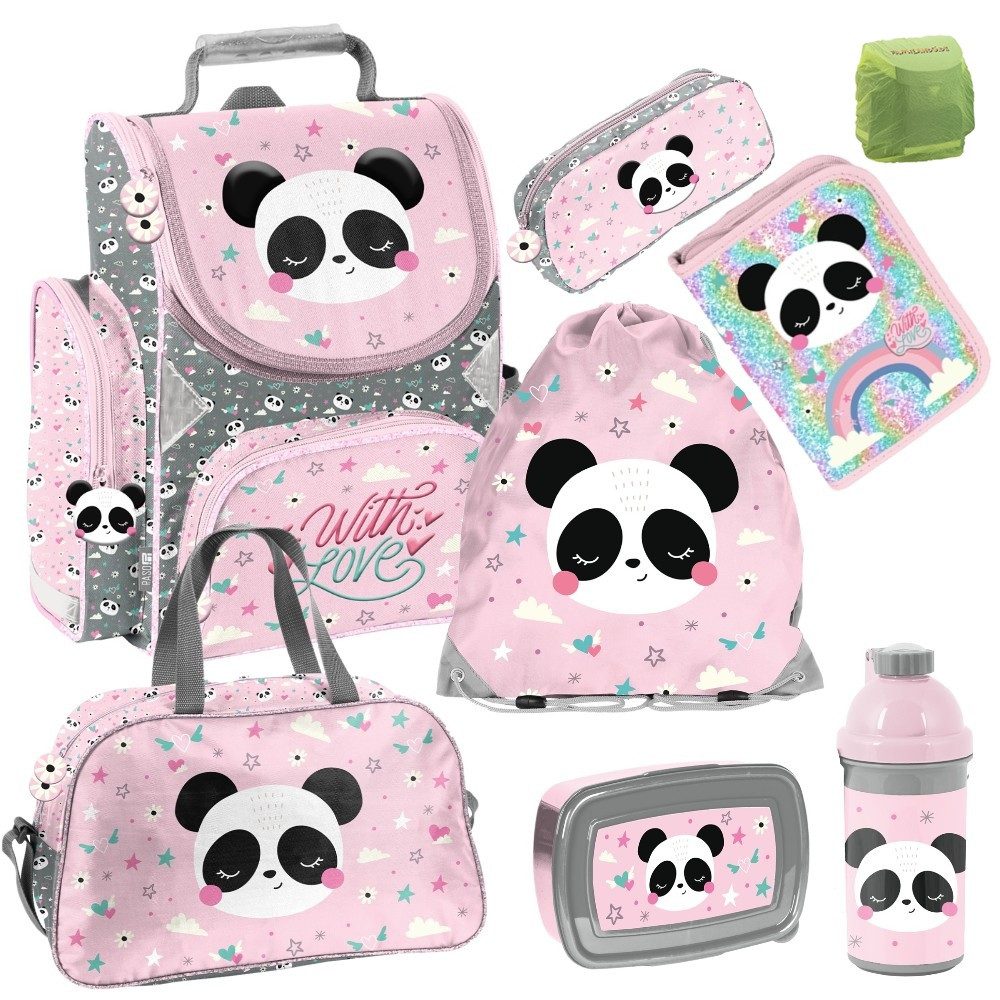 Familando Schulranzen Panda Bär Schulranzen für Mädchen 1.-3. Klasse - 1 kG, 15 L Volumen (Set, 8-tlg., inkl. Federmappe, Lunch-Set und Sporttasche), Reflektoren auf allen Seiten, verzierter Reißverschluss