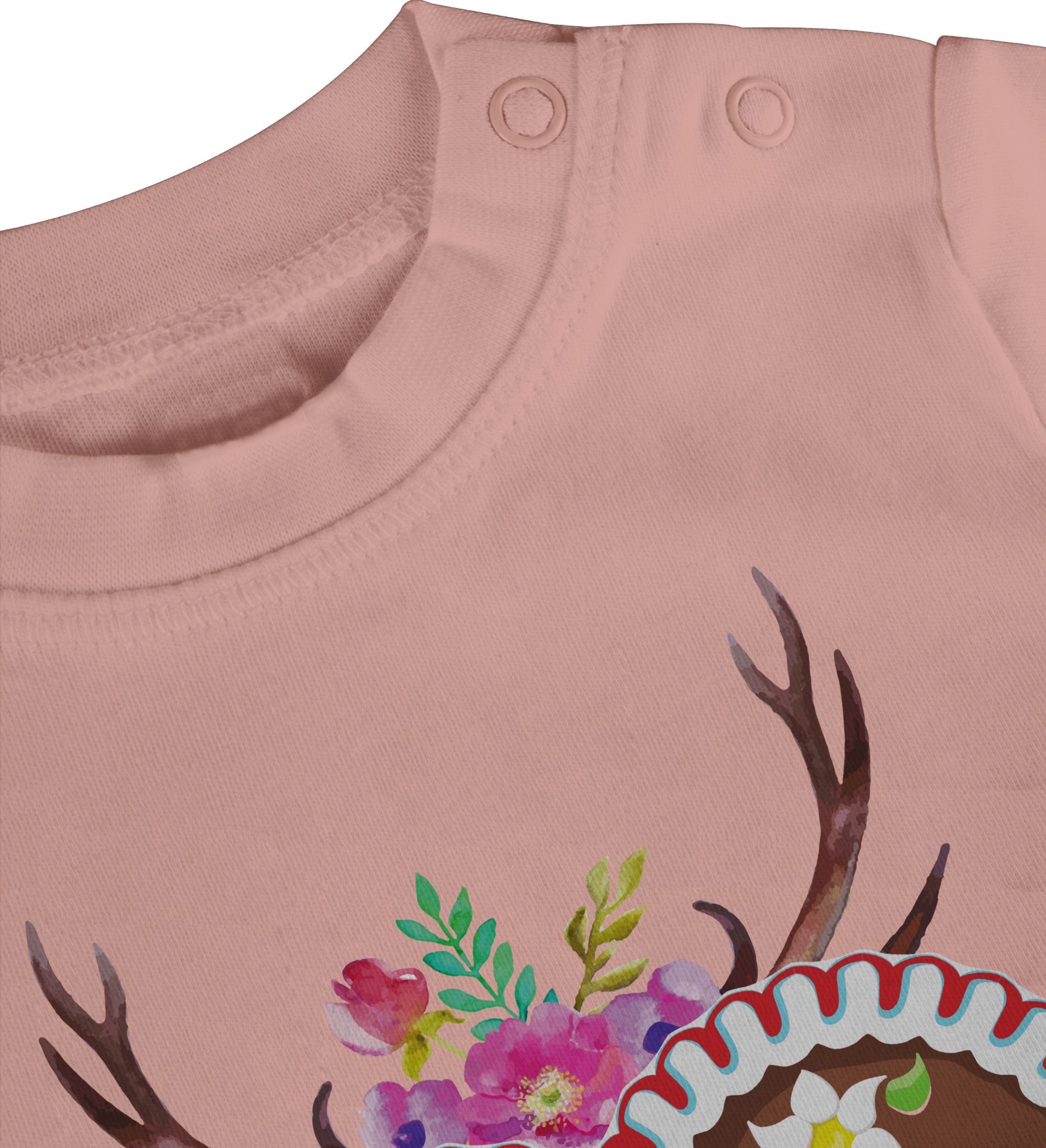 Shirtracer T-Shirt Lebkuchenherz I für mit und Blumen 1 Geweih mog Outfit di Mode Oktoberfest Baby Babyrosa
