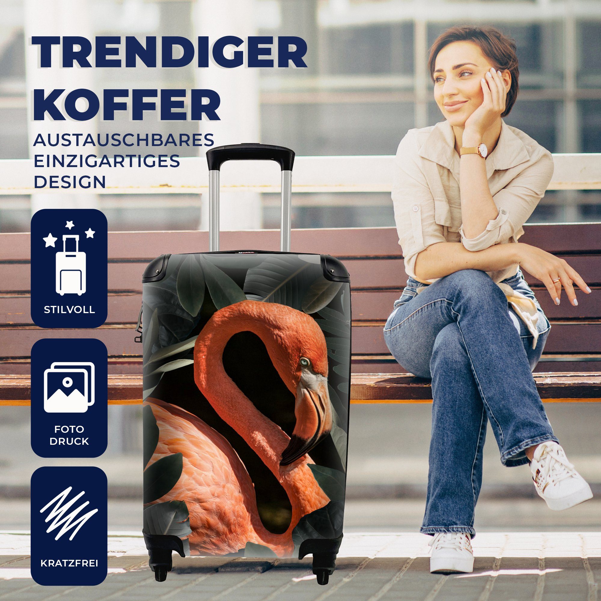 MuchoWow Handgepäckkoffer Ferien, rollen, Reisekoffer mit - 4 für Reisetasche Blätter, - Porträt Handgepäck Flamingo Rollen, Trolley