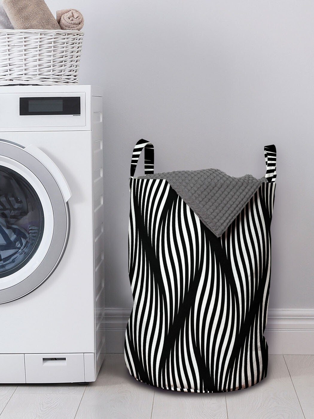 wirbelnde Wäschesäckchen Abakuhaus mit Waschsalons, Streifen für Griffen Moderne Kordelzugverschluss Linien Wäschekorb Wirkung
