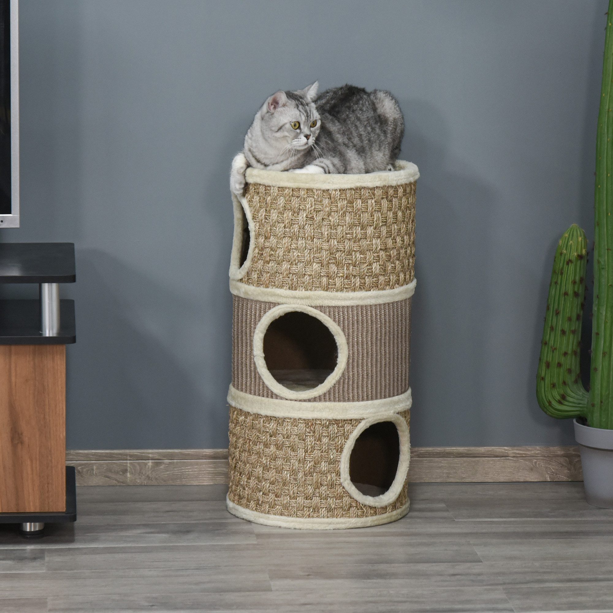 PawHut Kratztonne Katzentonne mit 3 Etagen, Kratzbaum für große Katzen, Khaki+Kaffee, (katzentunnel, 1-tlg., kratzsäule), Sisal Plüsch