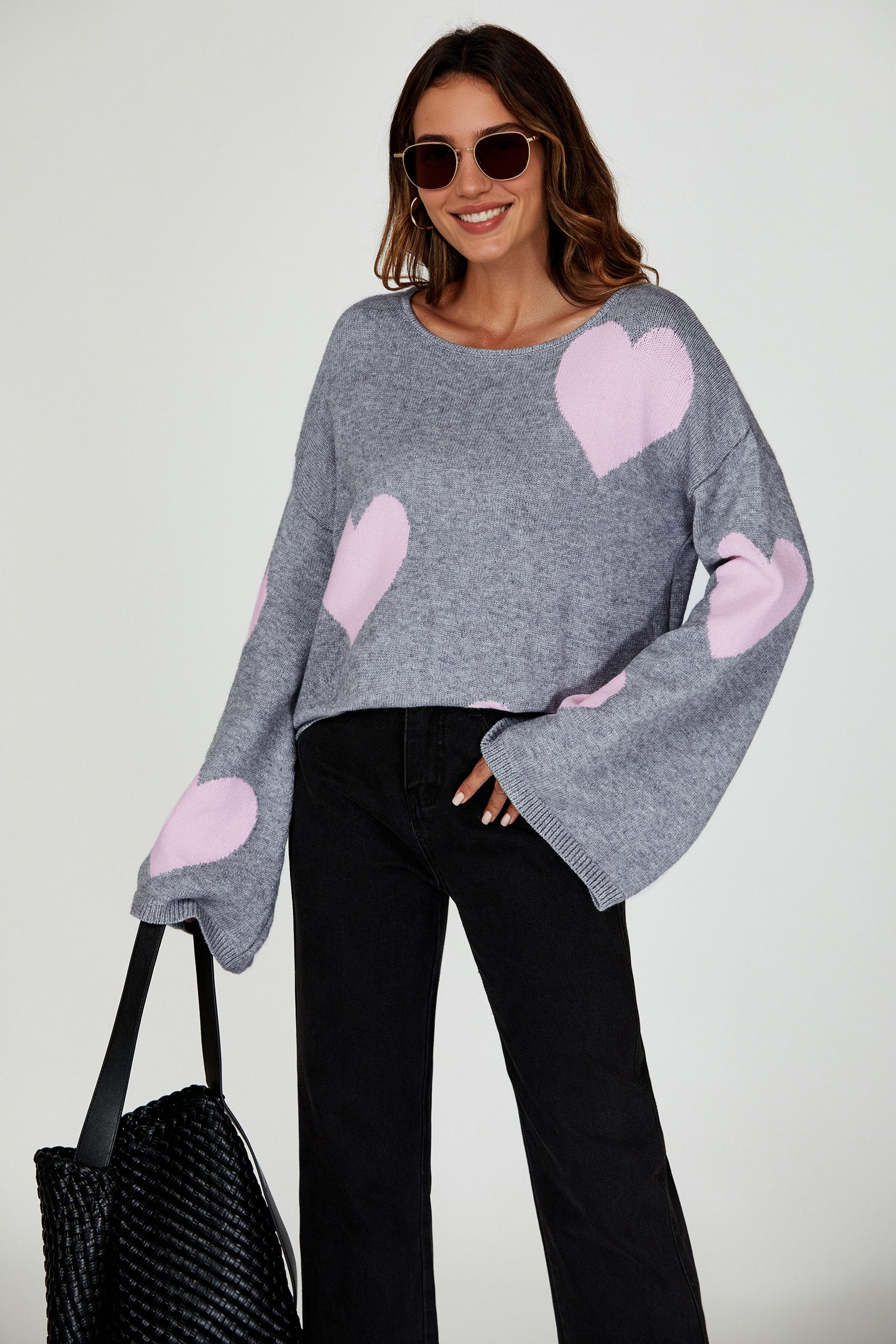 FS Collection Strickpullover Oversize Pullover mit weiten Ärmeln und Herzmuster – Strickwaren (Einheitsgröße: UK 8–12 / EU 36–40, 3 Farben : Rosa - Hellgrau - Dunkelgrau) 100 % Acryl