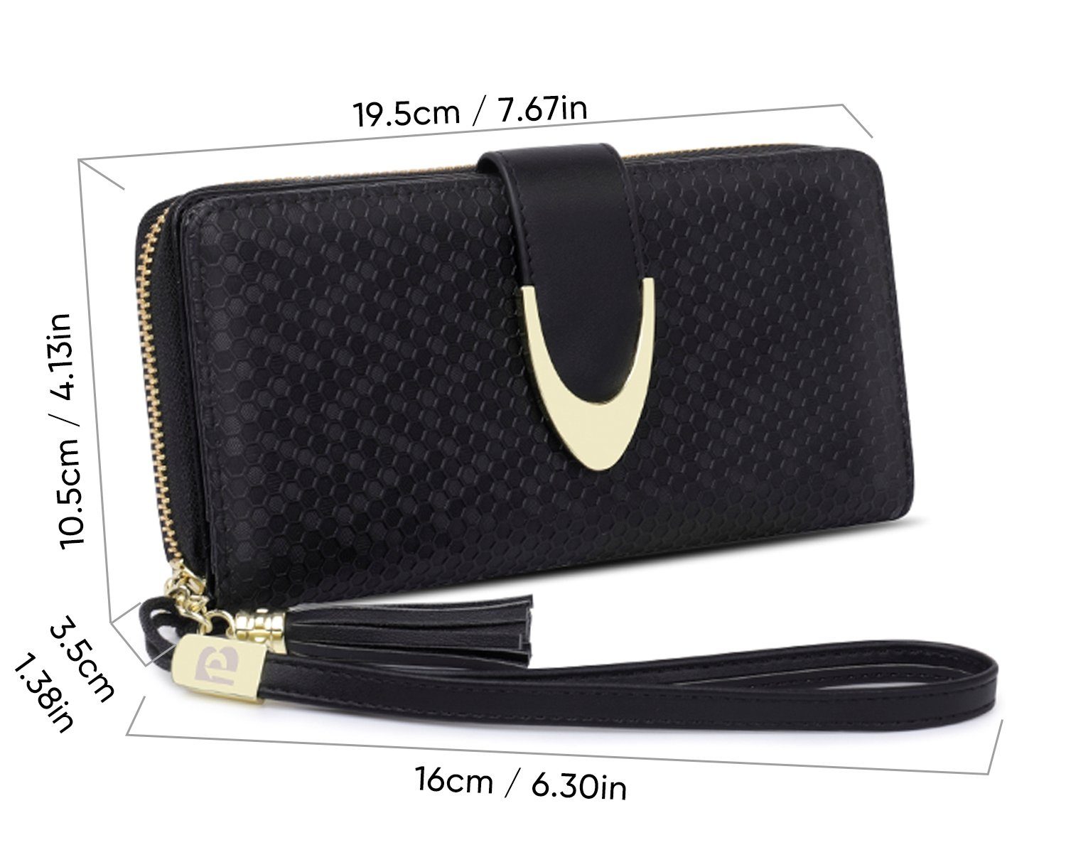 Pomelo Best Geldbörse 3,5cm Portmonee Brieftasche Damen Geldbeutel mit NFC Handtasche Handytasche RFID-Schutz Wallet, Groß Leder Lang Kartenetui, (Frauen 10,5 Weich Schwarz x Kartenfächer, Münzfach 12 Portemonnaie Kreditkartenetui, 19,5 Ledergeldbörse Slim Kartenhalter), x mit