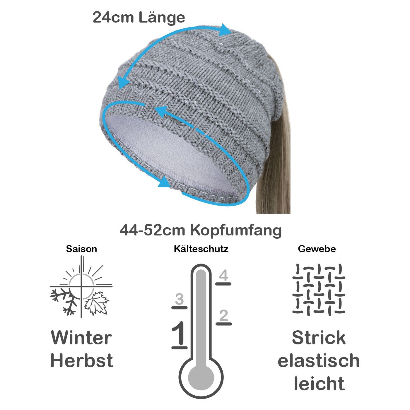 Damen grau Zopf Loch Mütze Zopfloch Beanie Wintermütze (1-St) Faera Strickmütze Strickmütze