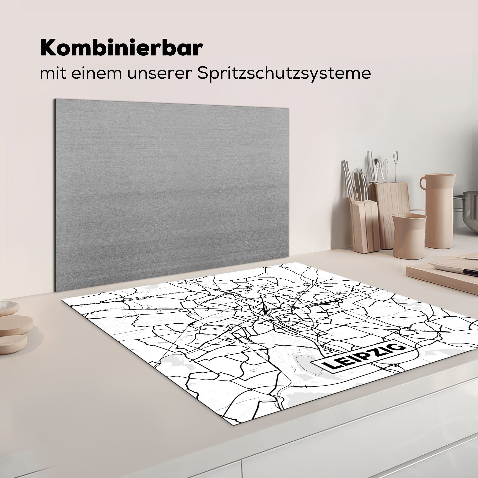 Vinyl, cm, - Karte Arbeitsplatte tlg), küche - Stadtplan, Leipzig Herdblende-/Abdeckplatte 78x78 (1 MuchoWow für Ceranfeldabdeckung,