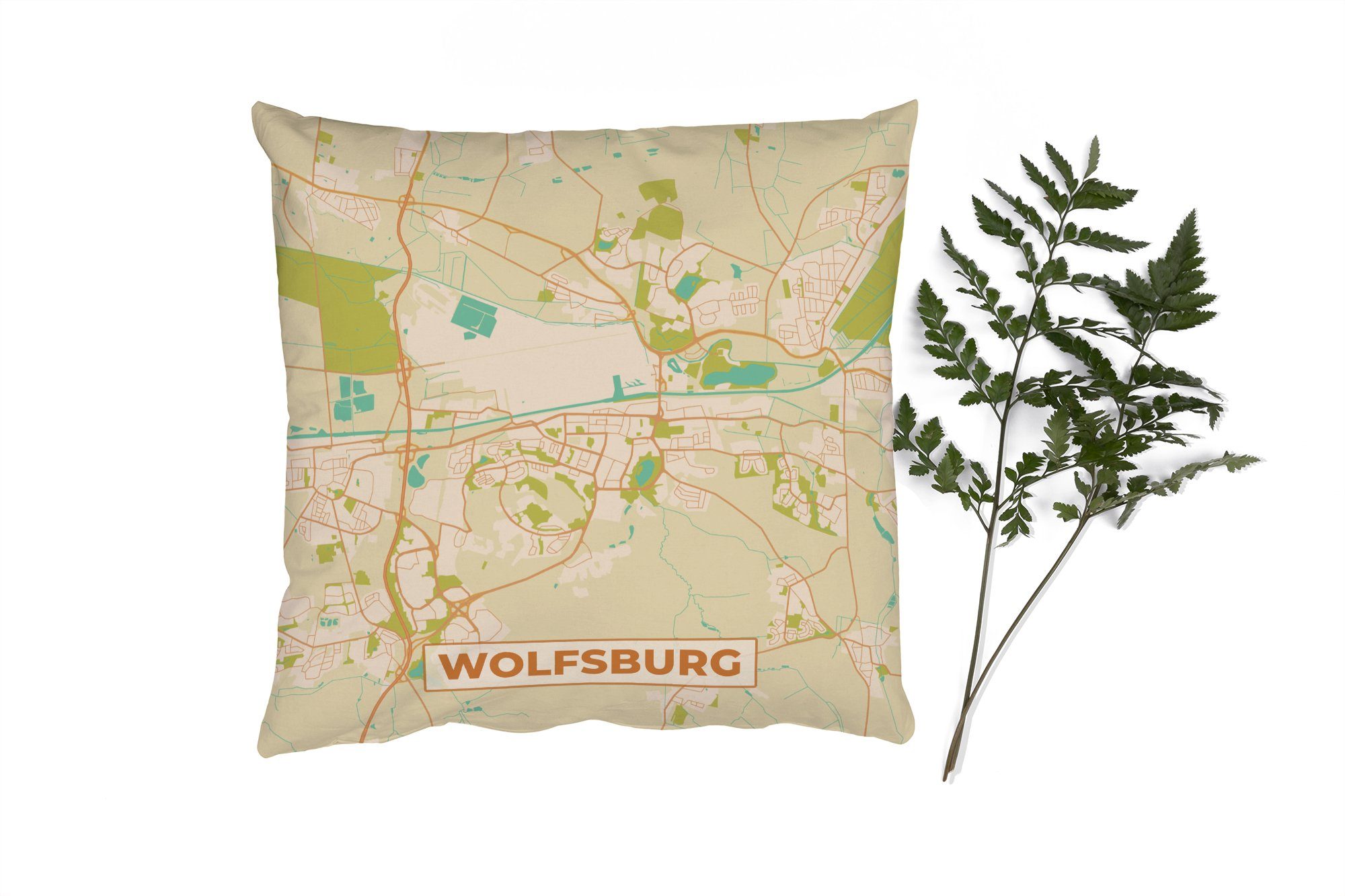 MuchoWow Dekokissen Wolfsburg - Karte - Stadtplan - Vintage, Zierkissen mit Füllung für Wohzimmer, Schlafzimmer, Deko, Sofakissen