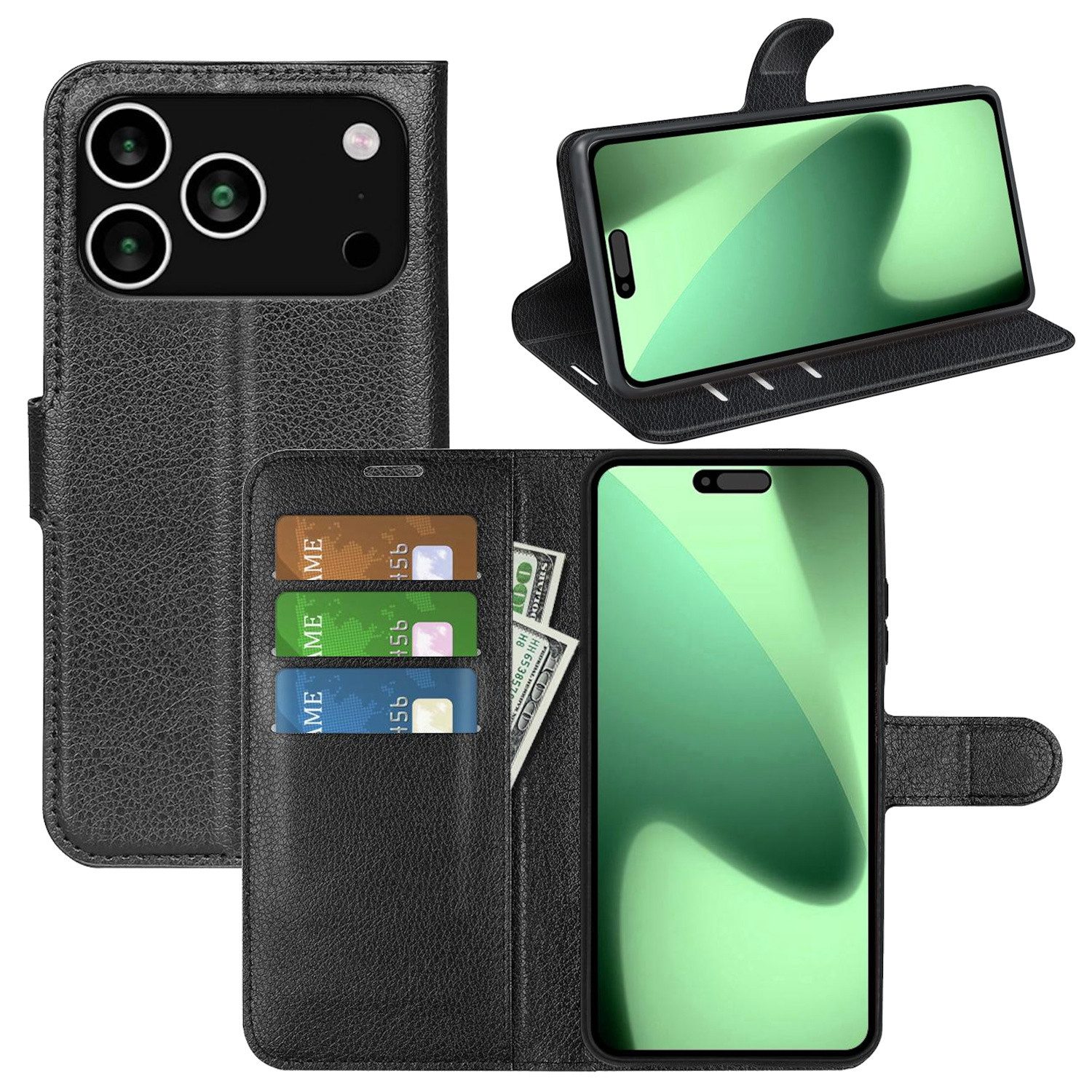 Wigento Smartphone-Hülle Für Apple iPhone 17 Pro Max Kunstleder Wallet Tasche Hülle Schwarz, Kunstleder Hülle mit Kartenfächern und Standfunktion