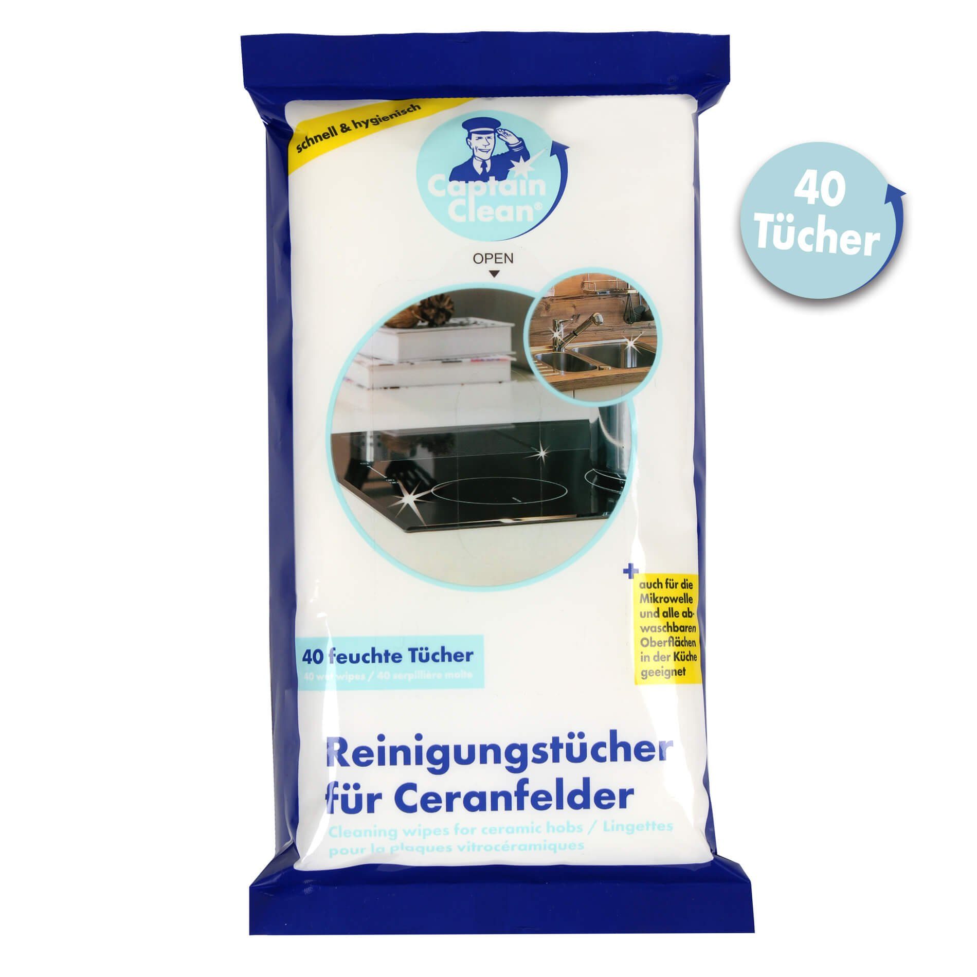 Captain Clean Reinigungstücher feucht für Ceranfelder, Küche und Badezimmer 40er Reinigungstücher (18×20, 20 cm, 40 feuchte Putztücher, wiederverschließbare Verpackung)