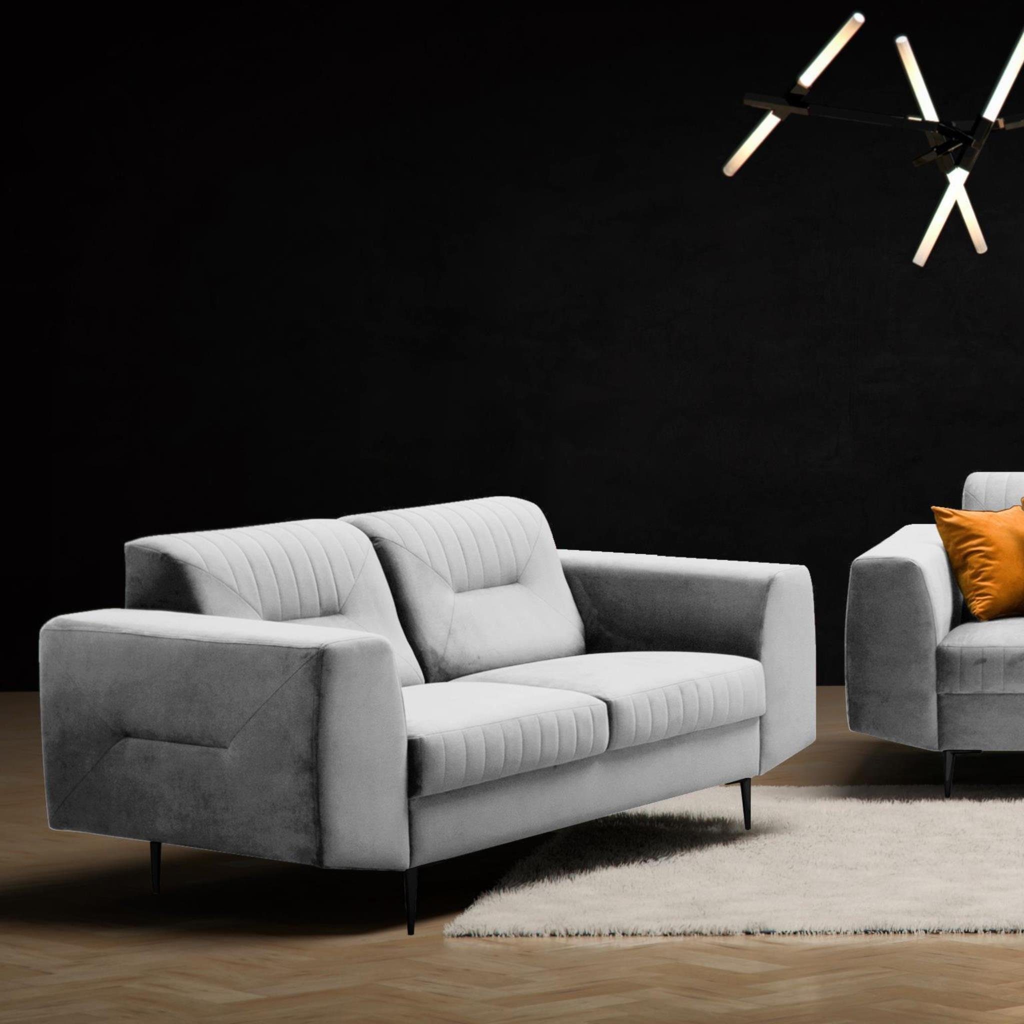 VENEZIA, Sofa mit Hellgrau Zweisitzer Velours modernes im Beautysofa Design, Metallbeine, 03) aus Relaxsofa 2-Sitzer (bluvel
