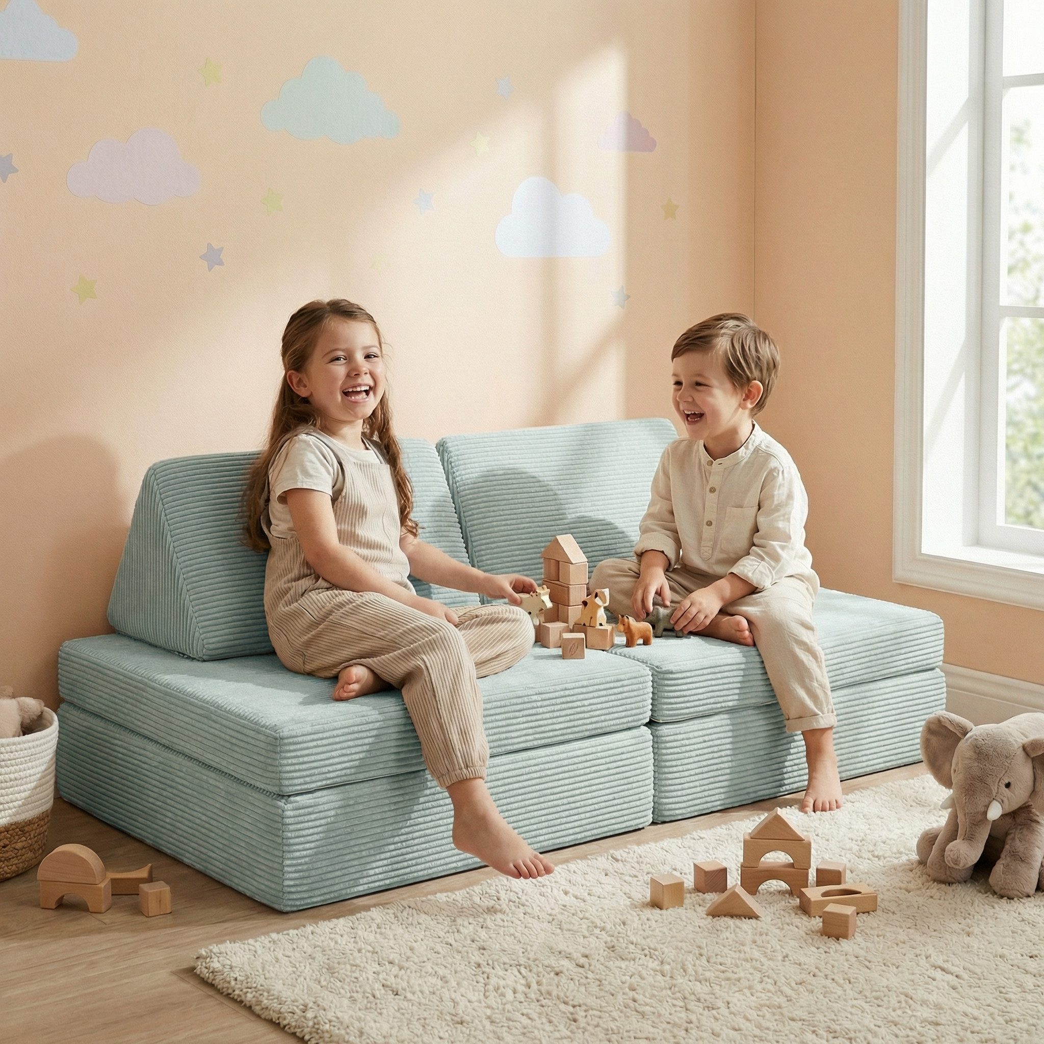 Bellabino Kindersofa Nile aus Schaumstoff Teilen, modulare Kinderspielcouch aus Cord, Türkis, Mini-Variante für Kleinkinder, Cordbezug abnehmbar & waschbar, 130 – Bild 2 von 5