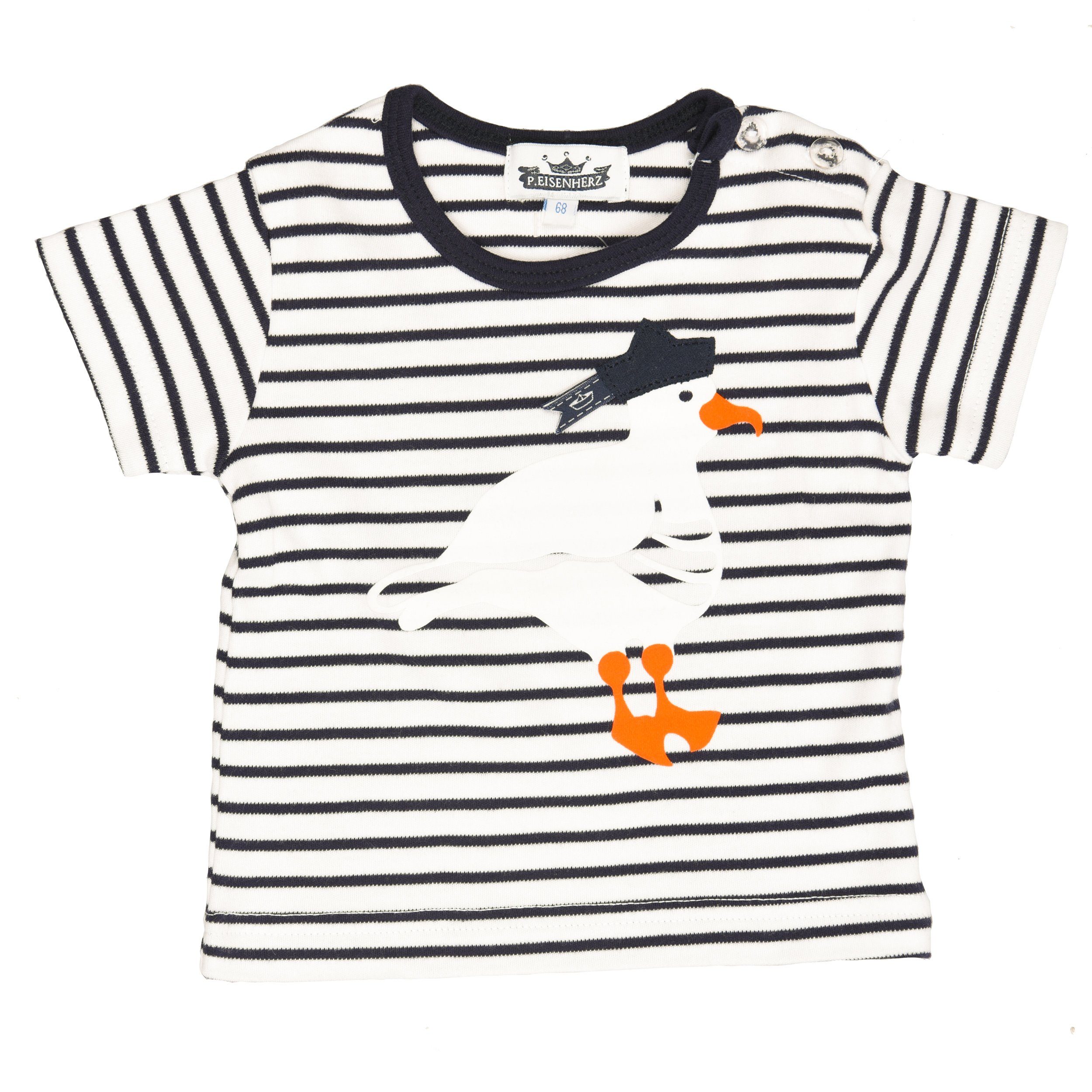 P.Eisenherz Kurzarmshirt T-Shirt mit Flockprint Möwe, Ringel marine/weiß mit appliziertem Hütchen und lose flatterndem Fähnchen | T-Shirts