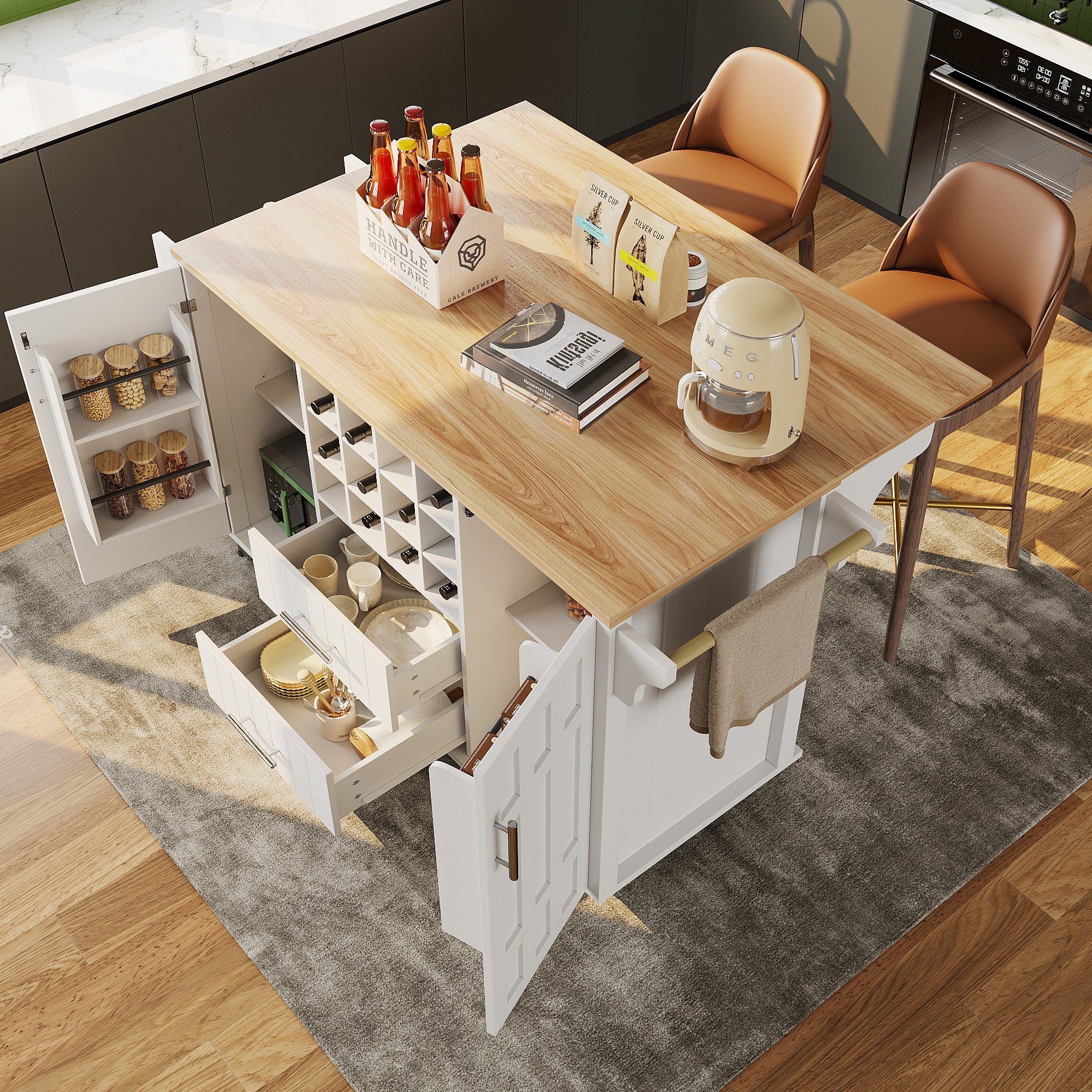 STILVORA Візки для кухні mit Trennwänden,Kücheninsel Buffetschrank mit Arbeitsplatte&Rollen, (Gesamtmaße (aufgeklappt): 140 x 65 x 94,5 cm (L x B x H) Gesamtmaße (zusammengeklappt): 140 x 40 x 94,5 cm (L x B x H), mit Holzmaserung, seitlicher Handtuchhalter, mit Weinregal, mit Rollen