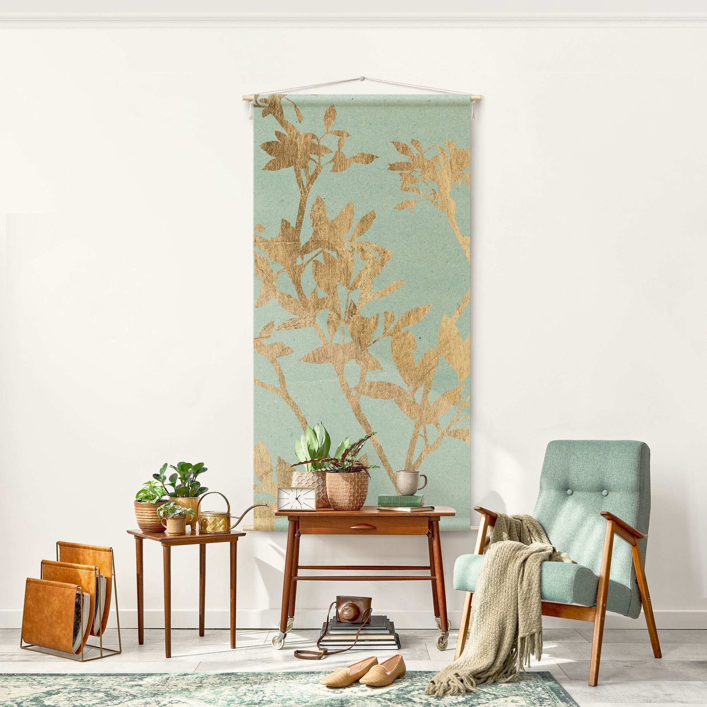 Bilderdepot24 Wandteppich modern Vintage Botanik türkis, rechteckig, Höhe: 2.6 mm, großes Wandbild aus Natur-Baumwolle Wandbehang Stoffbild Tuch Wollseil