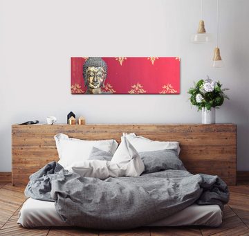 möbel-direkt.de Leinwandbild Bilder XXL Buddhafigur vor roter Wand Wandbild auf Leinwand