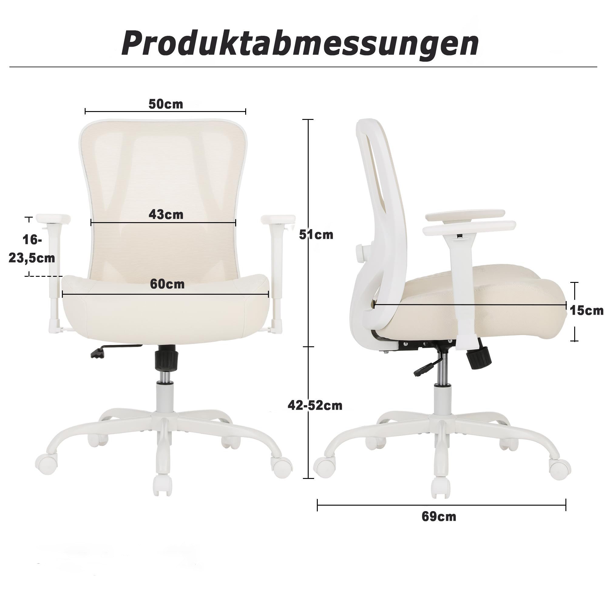 UEV Bürostuhl 230kg belastbarkeit ergonomisch, Schreibstuhl Mesh (verstellbare Armlehnen /atmungsaktiv Stoff /15cm dickem Sitzkissen), Chefsessel mit Wippfunkti – Bild 4 von 5