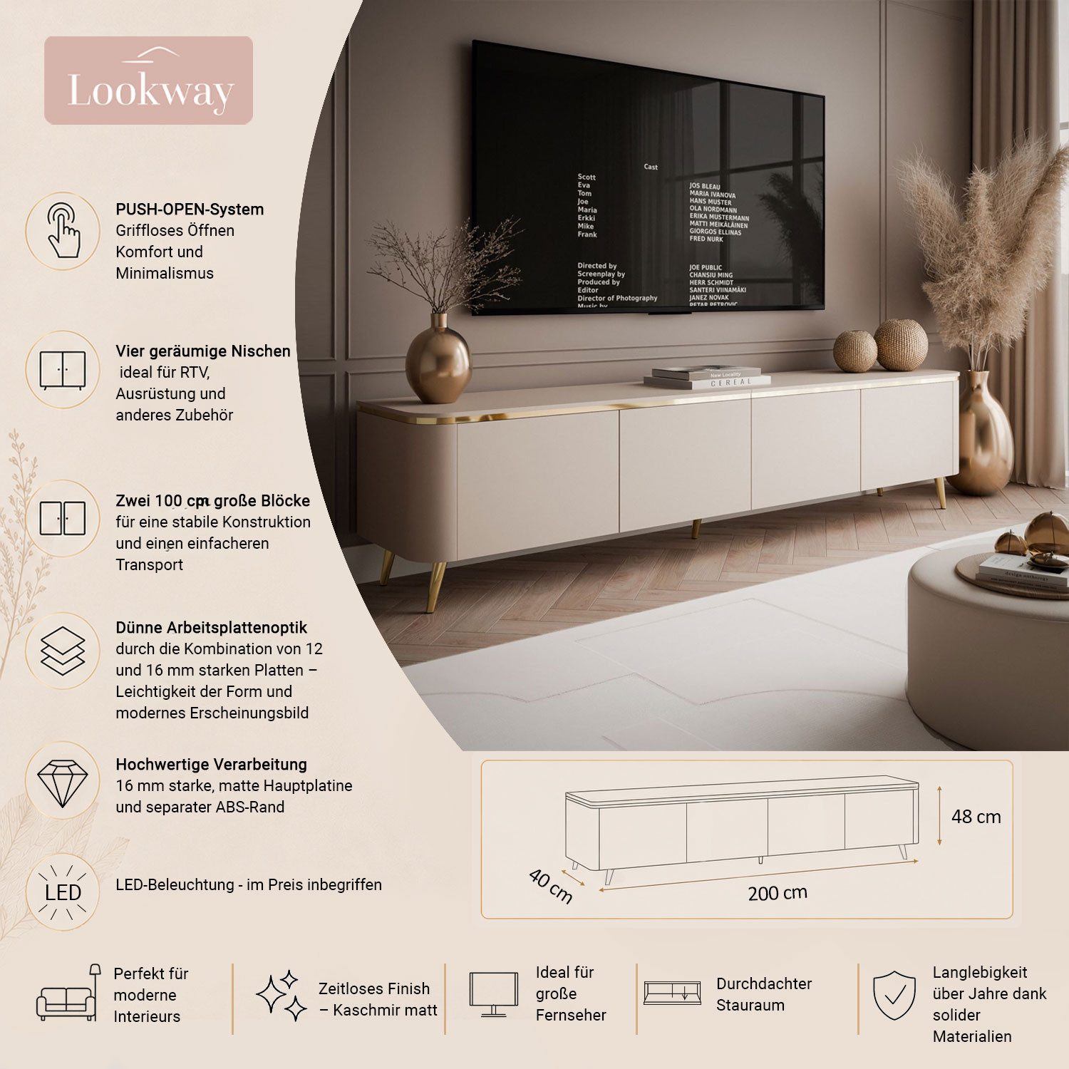 Lookway TV-Schrank AVELINE 200 cm mit LED-Beleuchtung 200x40x45/48 cm – Bild 3 von 5