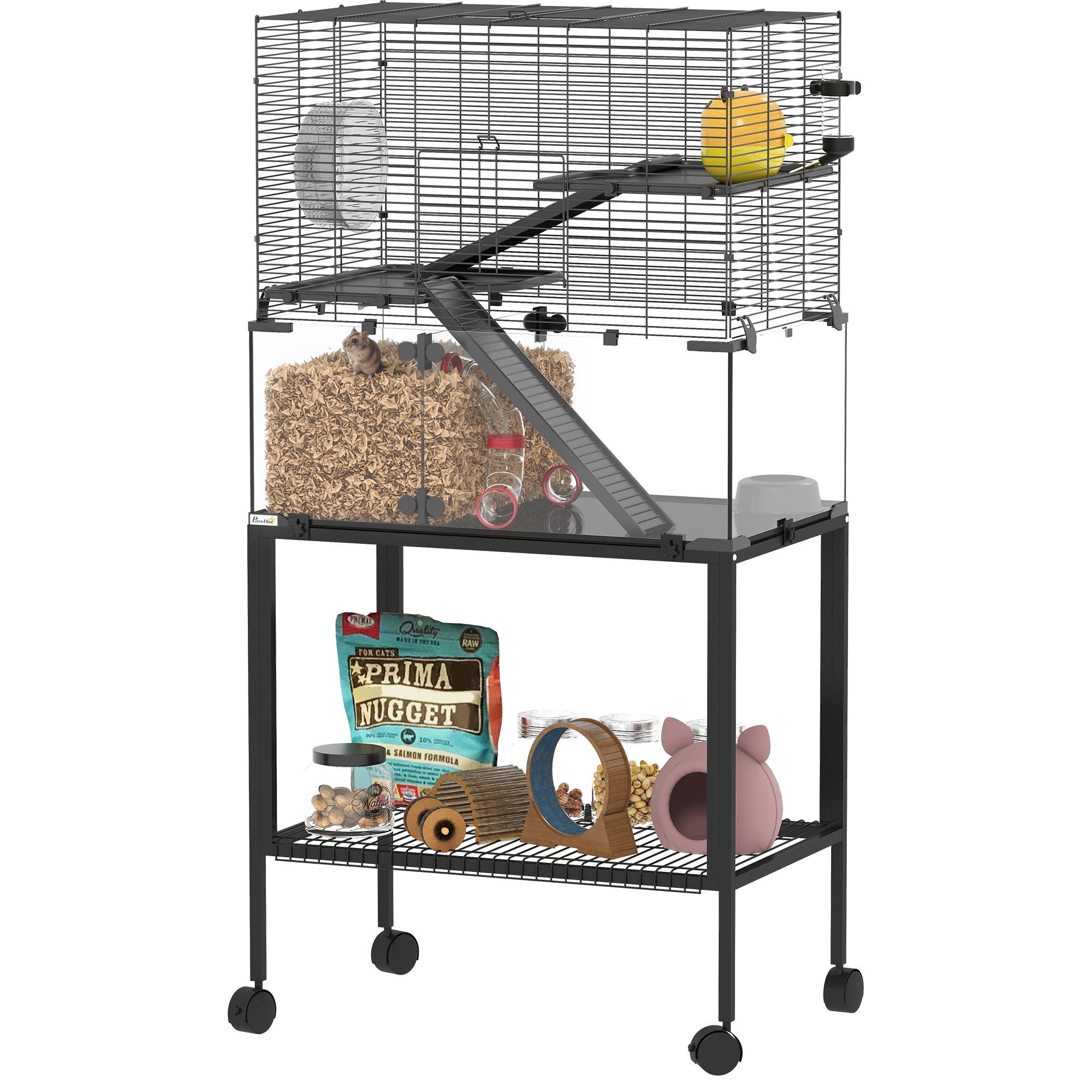 PawHut Kleintierkäfig Hamsterkäfig 360°-Sicht, Hamsterlebensraum mit Rollen, für Hamster, Zwerghamster, 77x49x130.5 cm, Schwarz