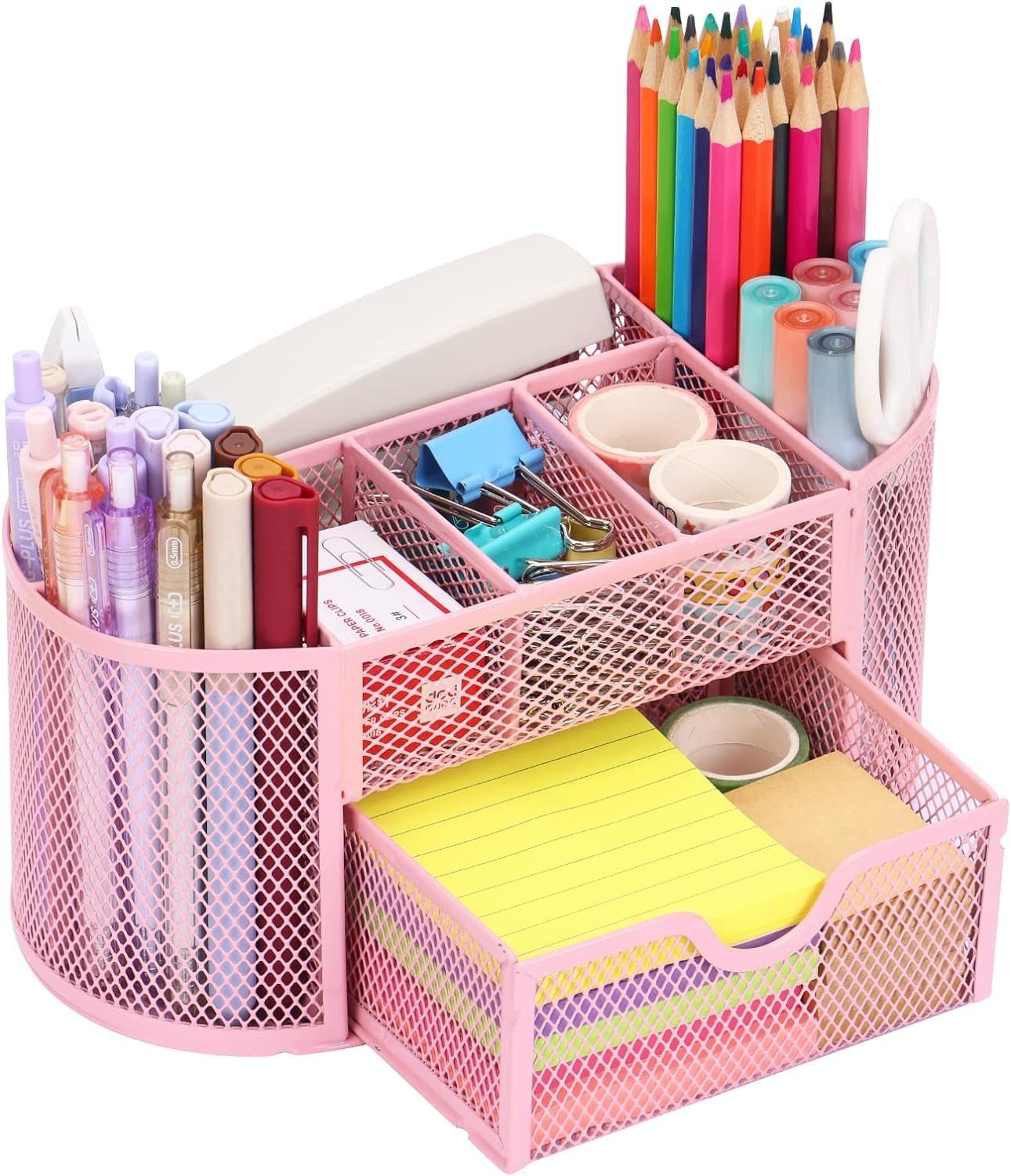 FOUORTUNATE-BEE Stiftehalter Schreibtisch Organizer mit 8 Fächern und Schublade aus Metallgitter, Büro Organizer für Stifte Schere Handy Kosmetik Schule und Zuhause