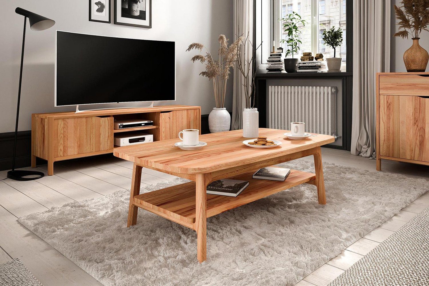 Natur24 Couchtisch Couchtisch Swig aus Kernbuche massiv geölt 60x100 cm mit Holzbeinen