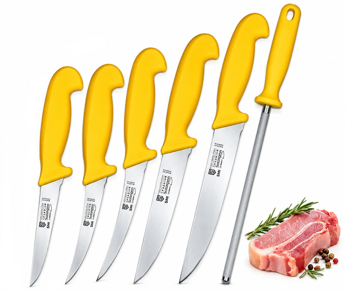 SMI Kochmesser 6-tlg Küchenmesser Set Solingen Metzgermesser Wetzstahl Ausbeinmesser