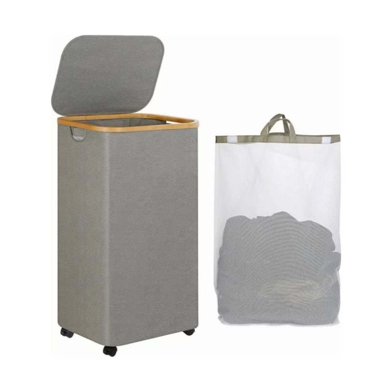 PLANEXPERT Wäschekorb 110L Faltbar mit Rollen, Deckel und Bambusgriffen (110L großer hoher Wäschekorb, Aufbewahrungskorb mit Griff)
