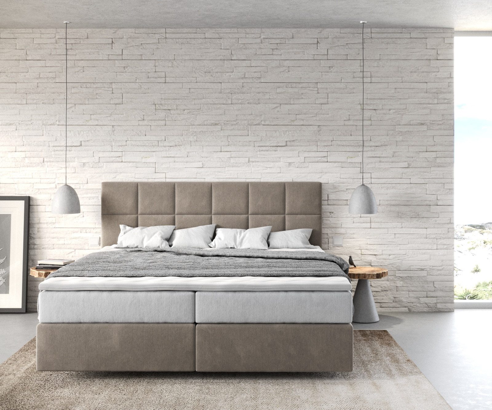 DELIFE Boxspringbett Dream-Fine, Mikrofaser Beige 180x200 cm mit TFK Matratze und Visco Topper