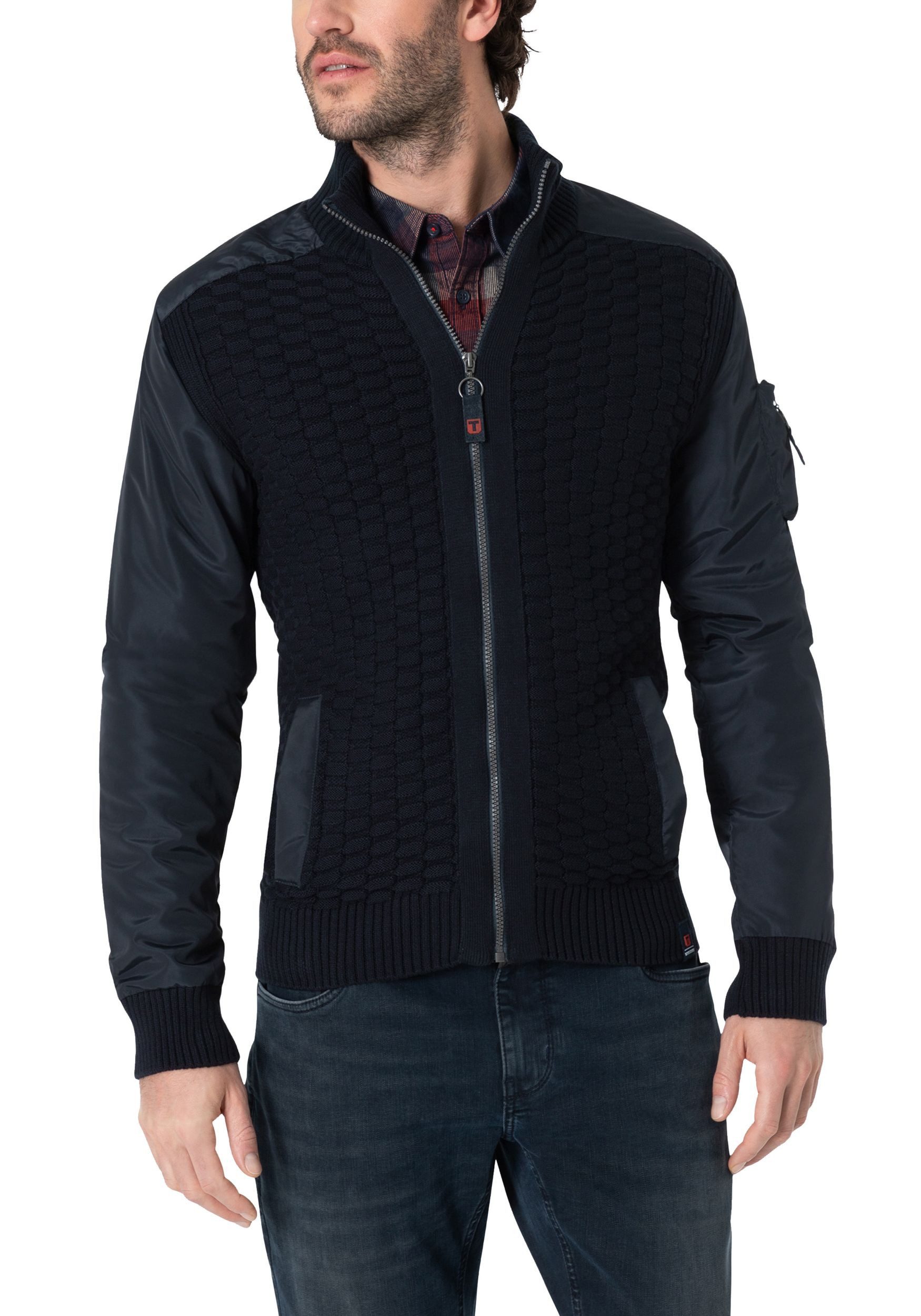 Blouson Strick-Bomberjacke 3D-Schachbrettmuster Turtleneck
