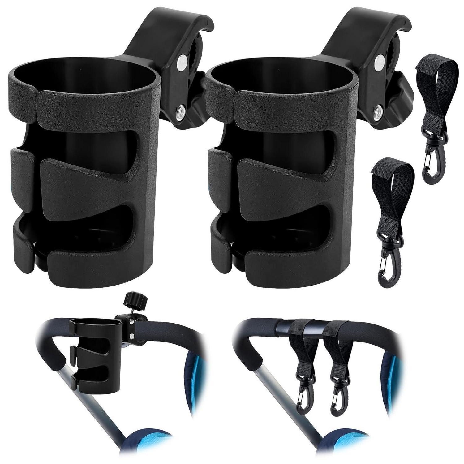 Becherhalter Getränkehalter Kinderwagen 2er universal 360 Grad drehbar mit Haken
