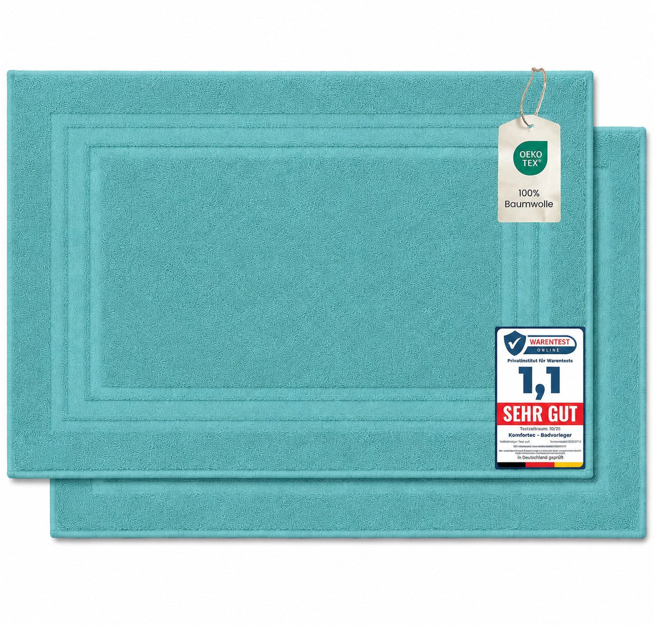 Komfortec Badematte Badvorleger aus 100% Baumwolle, Waschbar Duschmatte, Frottee, Rechteckig, 600 g/m², 2er Set, Saugfähig & Schnelltrocknend