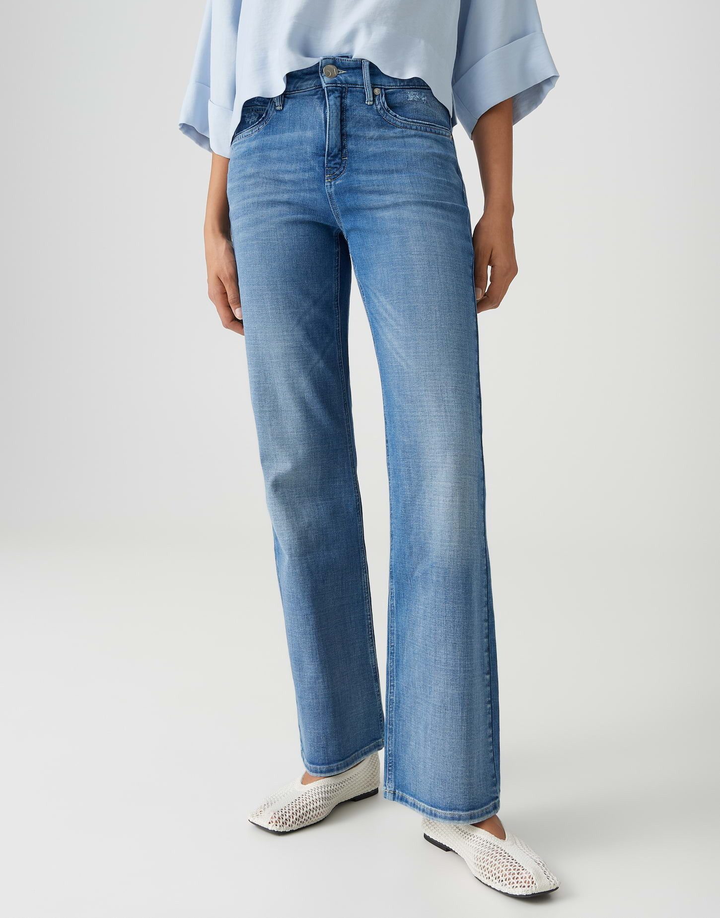 OPUS PANTS Bootcut-Jeans MELLY SPARK mit Powerstretch Mid Rise Long Flared, Long, leichte Used-Effekte