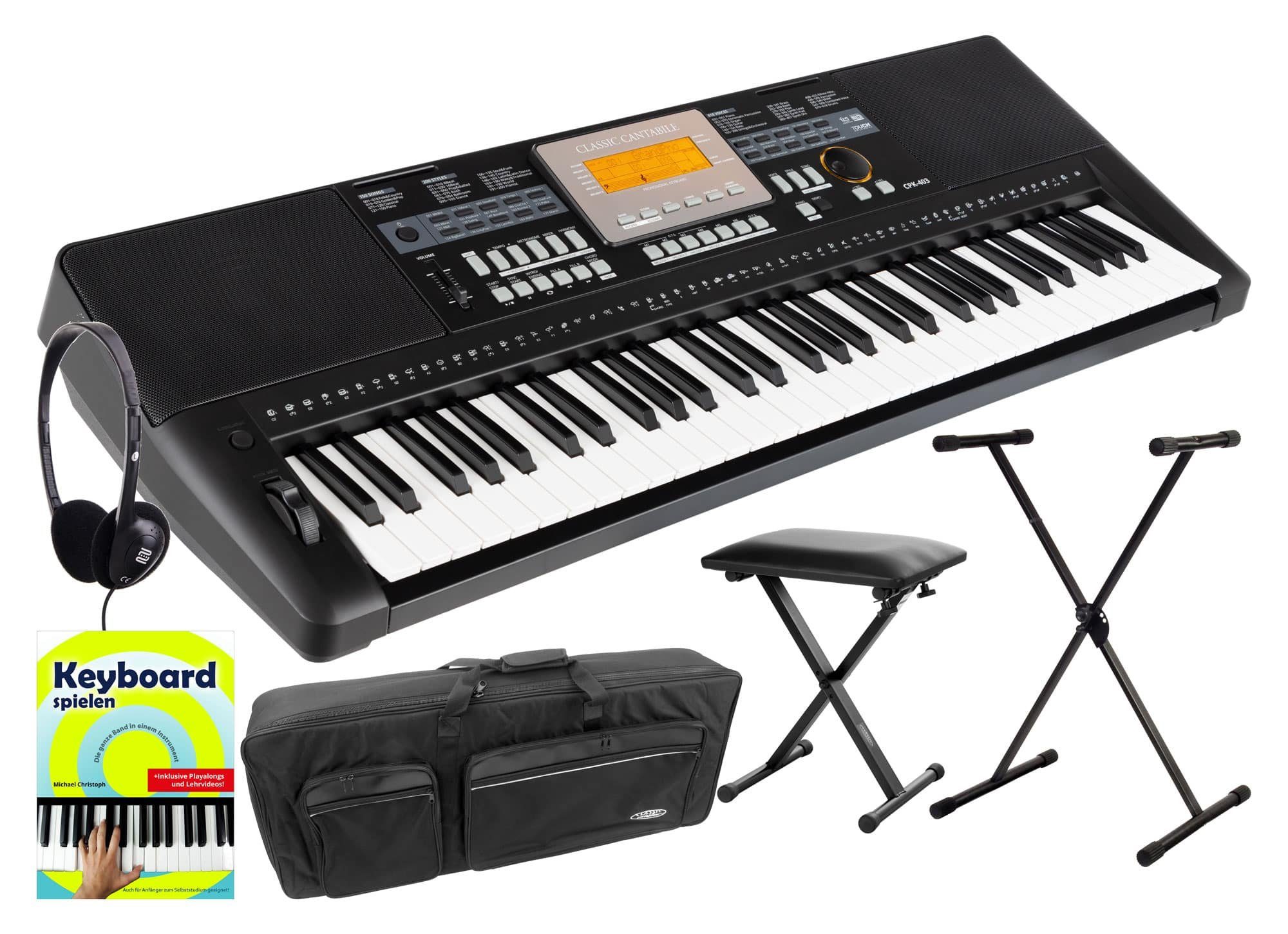 Classic Cantabile Home-Keyboard CPK-403 - Arranger-Keyboard mit 61 anschlagdynamischen Tasten (Deluxe-Set, 5-St., inkl. Ständer, Bank, Tasche, Kopfhörer und Schule), 618 Klänge, USB, DSP-Klangprozessor und Begleitautomatik