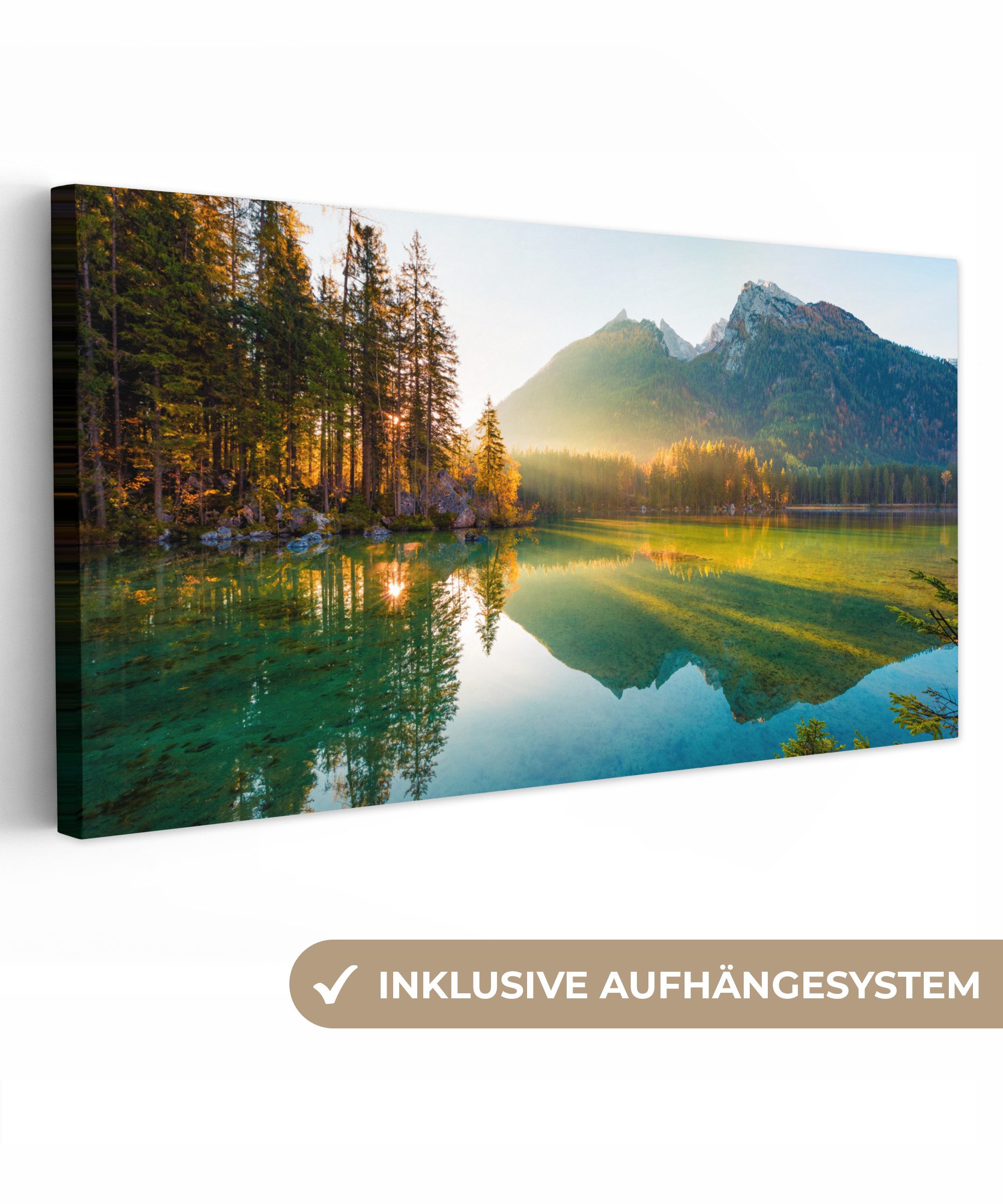 OneMillionCanvasses® Leinwandbild Panorama See - Wald - Berge - Natur - Son günstig online kaufen