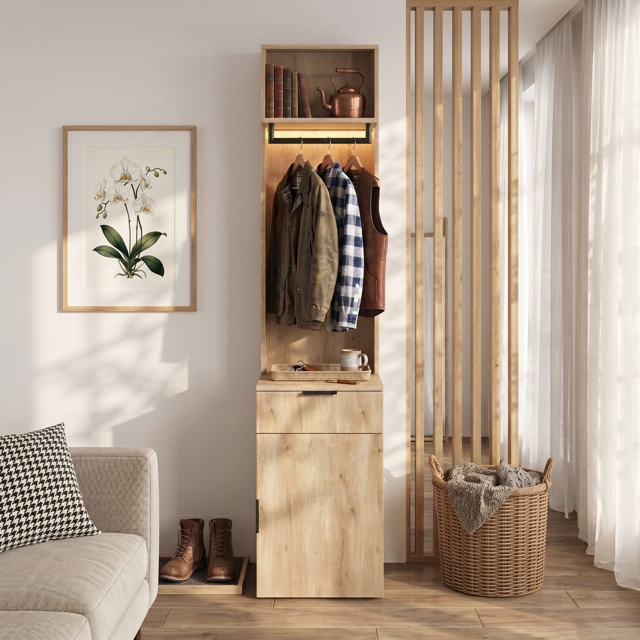 Flieks Garderoben-Set Garderobenständer mit LED-Beleuchtung in Holzoptik Natur, (B45xT47xH200 cm, 1-St., Garderobenschrank für Wohnzimmer, Diele, Eingangsbereich, Schlafzimmer), Kompaktgarderobe Hochschrank Flurmöbel mit Kleiderstange, Schublade