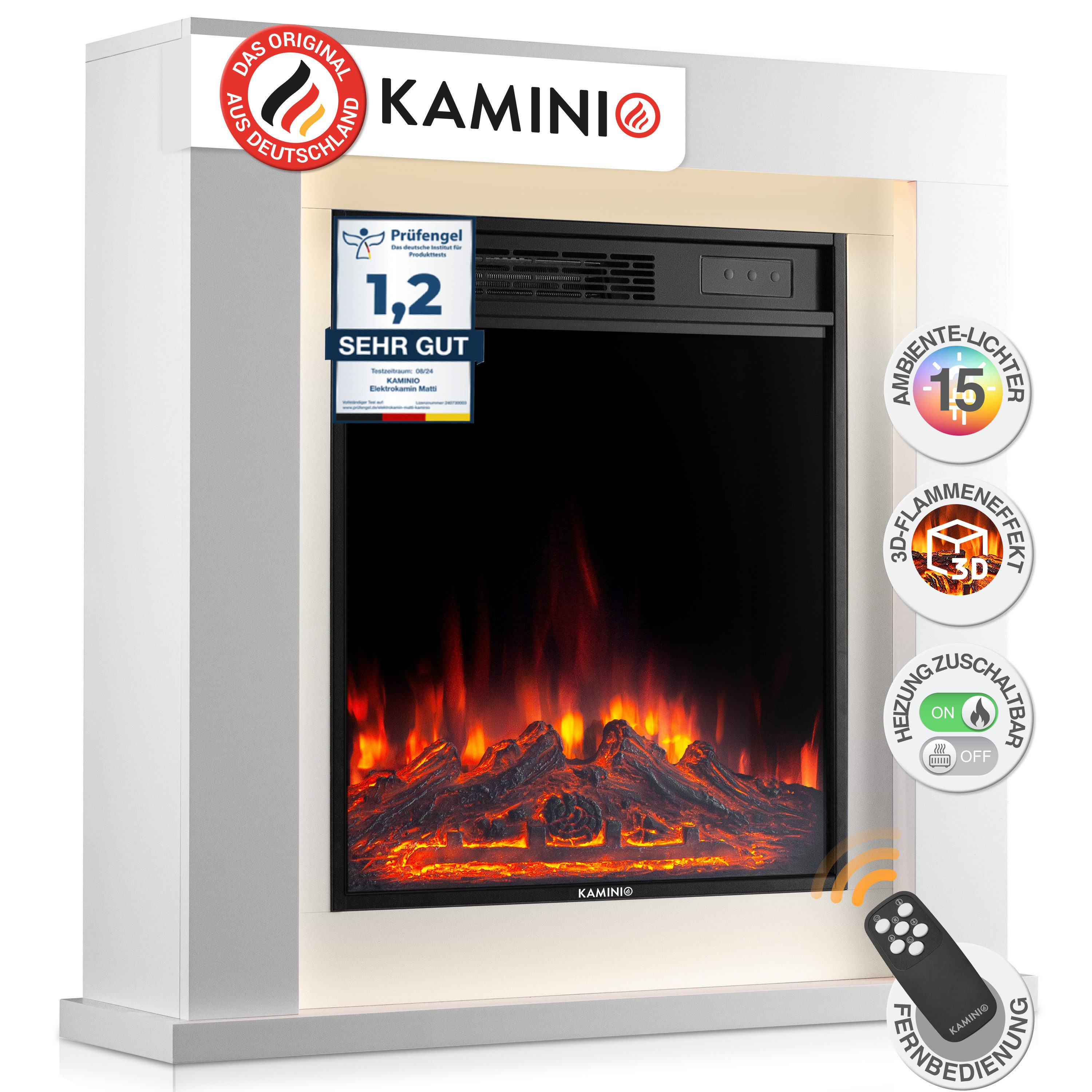 KAMINIO Elektrokamin MATTI, Elektrischer Kamin mit 3D-Flammeneffekt, Ambientelicht, Heizung 1800W
