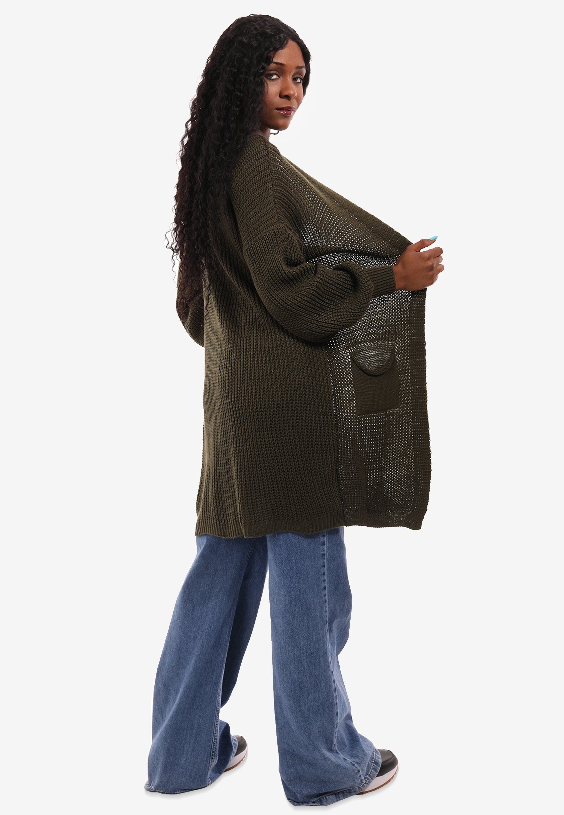 YC Fashion & Taschen Taschen mit Unifarbe, khaki Style aufgesetzten in One mit Cardigan Size Strick-Cardigan