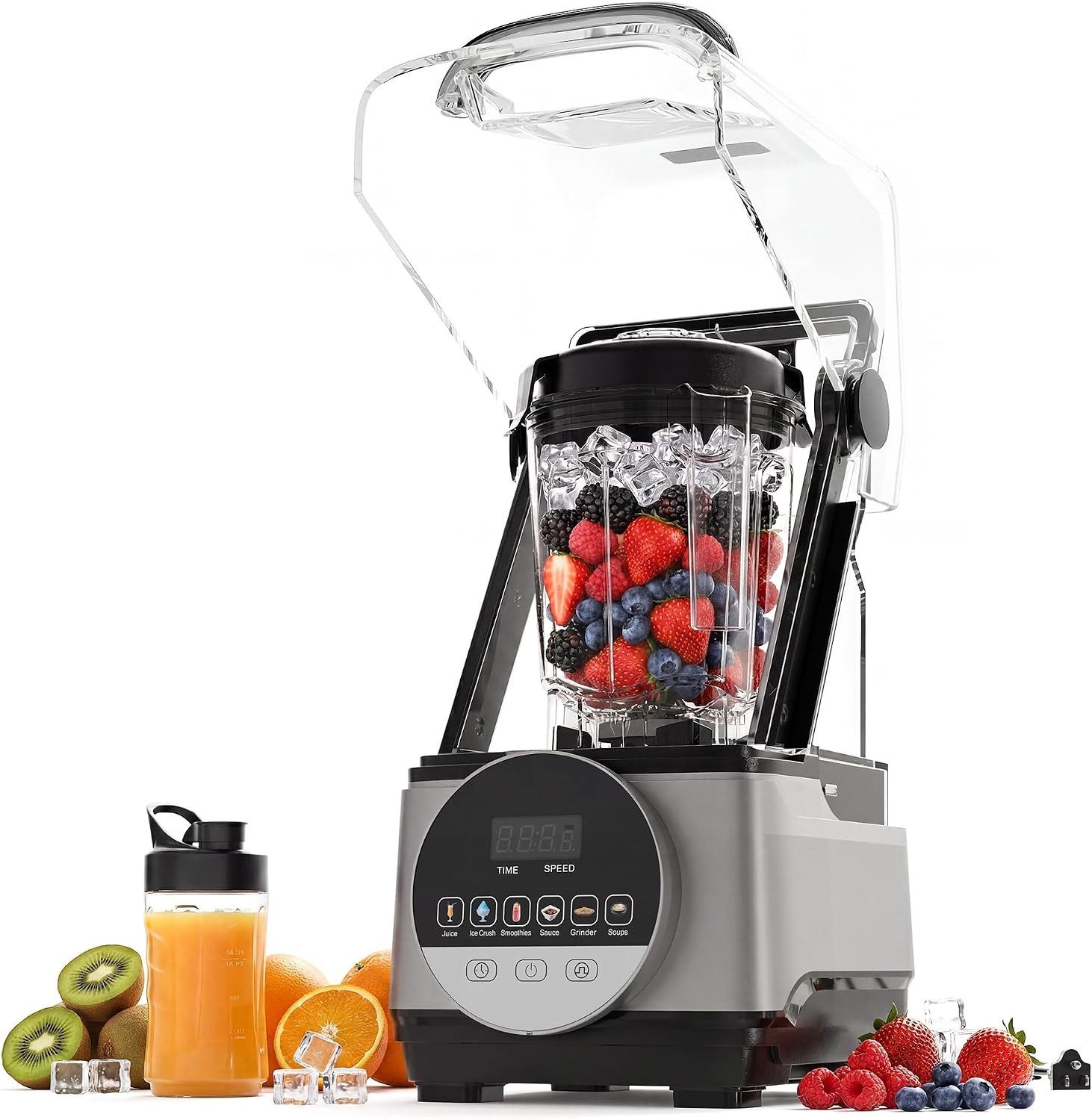 GarveeMore Standmixer 1400 W mit 6 Programmen, Touchscreen, 2 L Kanne,SUS304-Klingen, 1400 W, 9 Geschwindigkeiten, inkl. 300 ml Reisebecher, Dunkelgrau