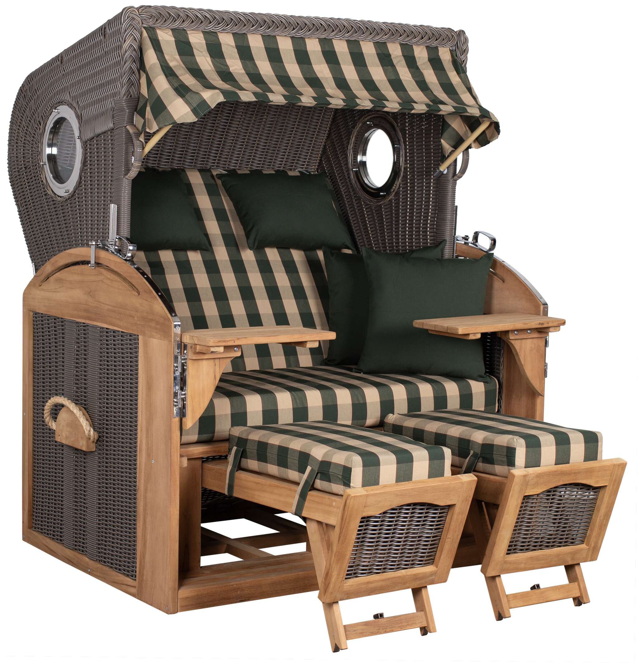 MR.DEKO Strandkorb XL Schillig Volllieger Teak PE Grey 2,5-Sitzer Bullauge, BxTxH: 142x95x170 cm, Vollieger, Schillig XL, (bereits montiert, ideal für Garten, Terasse und großen Balkon, 1-tlg), 2,5 Sitzer Strandkorb XL, Vollieger verstellbar