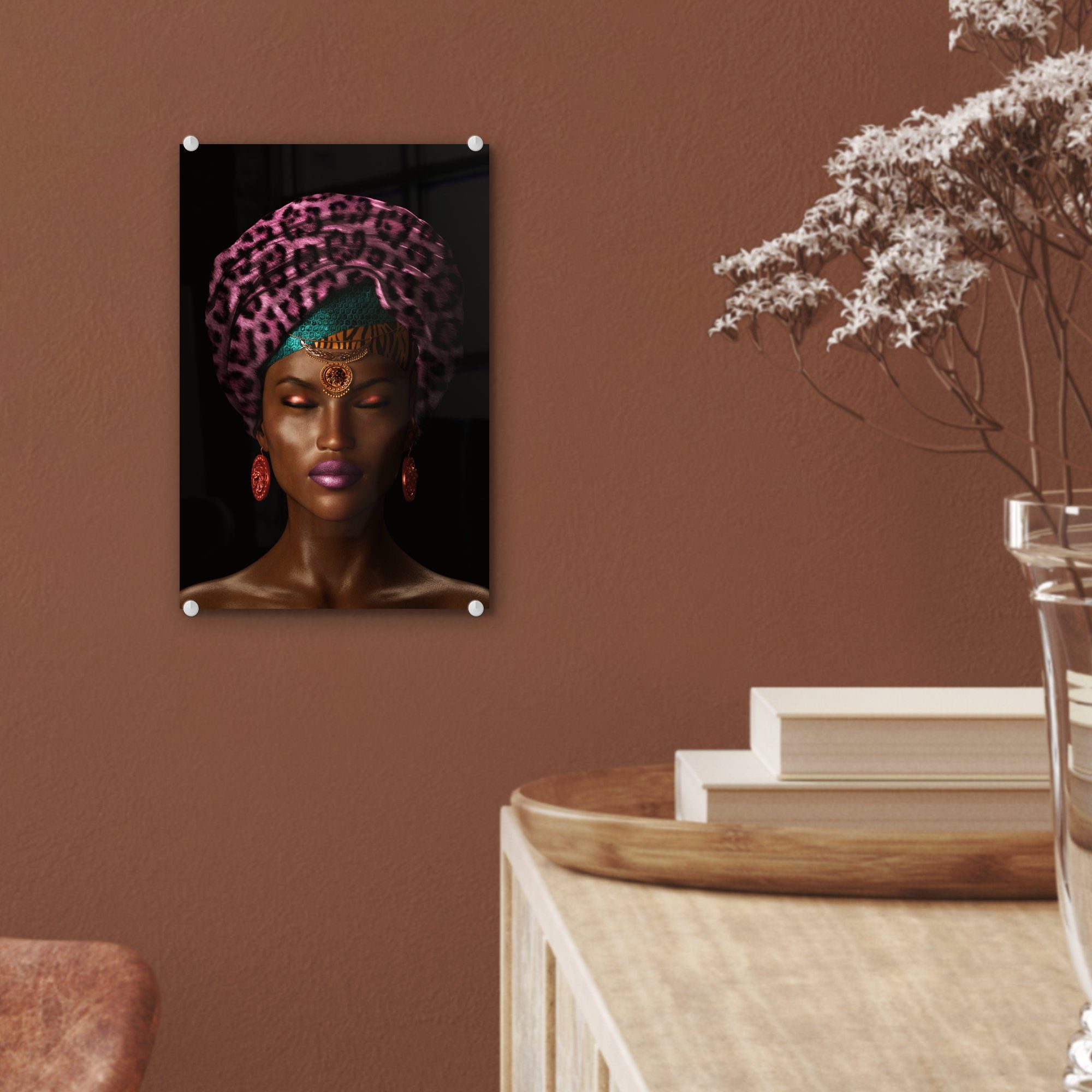 MuchoWow Acrylglasbild Frau - Glas auf (1 - Bilder Farbe auf Glas Foto - Kopftuch, Wanddekoration Glasbilder St), - Wandbild 