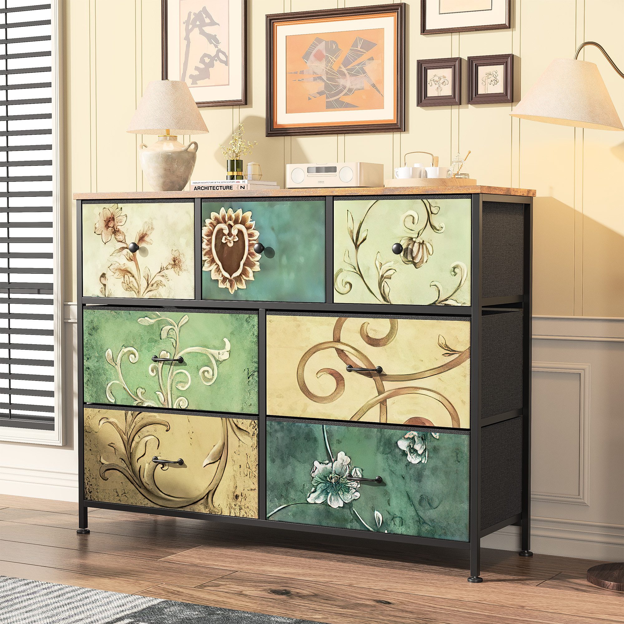 PXloue Kommode Sideboard Schubkastenkommode, 7 Schubladen, Retro-Stil, Blumenstoff, Breite 100cm