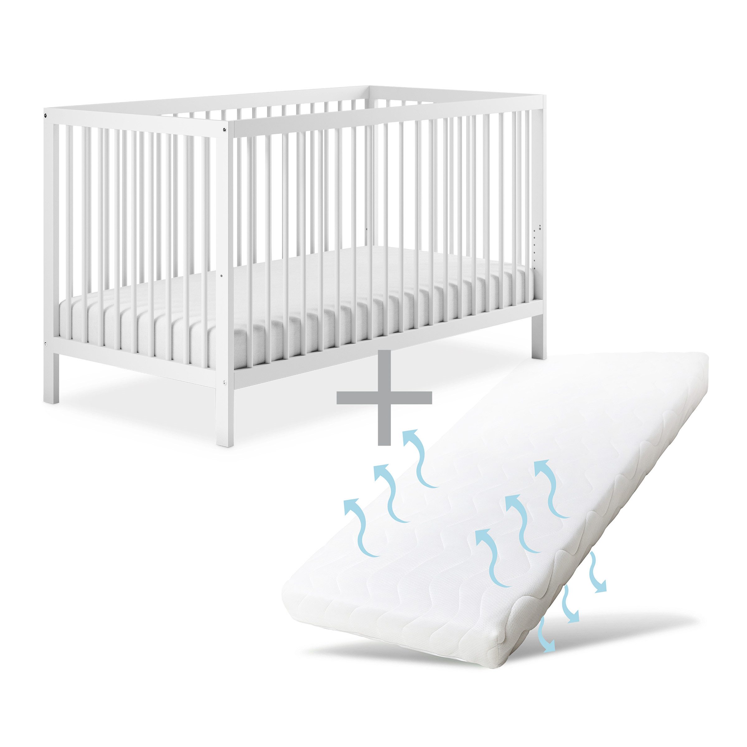 Ehrenkind Babybett PUR inkl. Matratze aus massivem Buchenholz, Gitterbett, Baby Bett, Babybett 60x120 cm
