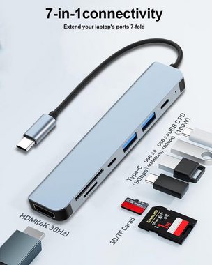 HYTIREBY USB-Verteiler Usb hub 3.0 für MacBook Air/Pro, Galaxy, iPad, Surface Book,Chromebook (1-St), 7 in 1 mit USB C auf 4K HDMI, SD&TF Kartenleser, USB 3.0&USB 2.0 Ports